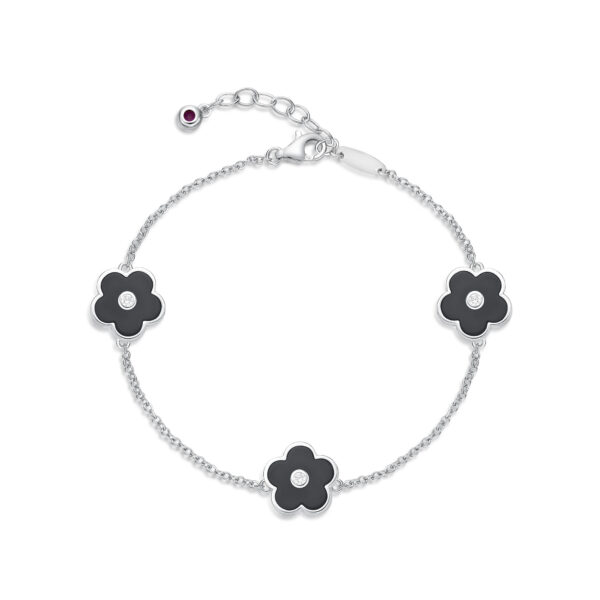 Lavari Jewelers Women's Black Onyx Triple Flower Bracelet with Lobster Clasp, 925 Sterling Silver, Cubic Zirconia, 8 Inches