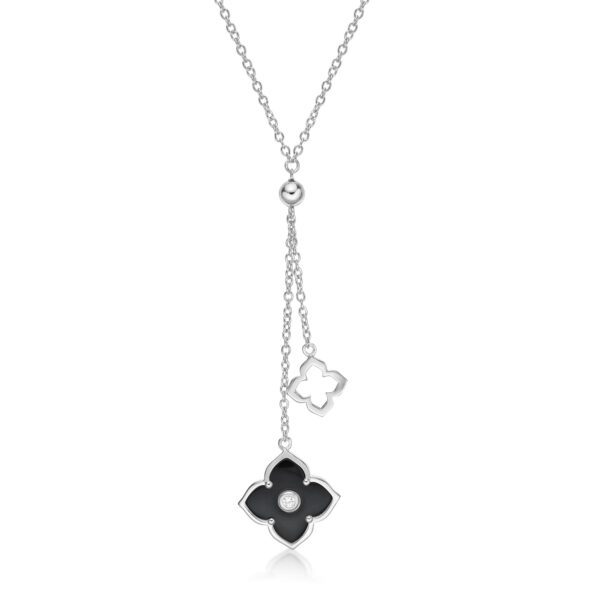 Lavari Jewelers Women's Black Onyx Double Flower Necklace with Lobster Clasp, 925 Sterling Silver, Cubic Zirconia, 16-18 Inches Adjustable Spring Ring