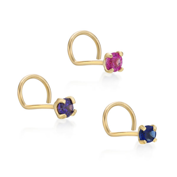 Lavari Jewelers Women's Curved Screw Nose Ring Set, 14K Yellow Gold, 2 MM Blue Pink Purple Cubic Zirconia, 22 Gauge