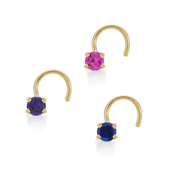 Lavari Jewelers Women's Curved Screw Nose Ring Set, 14K Yellow Gold, 2 MM Blue Pink Purple Cubic Zirconia, 22 Gauge