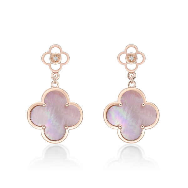 Lavari Jewelers Women's Pink Mother of Pearl Flower Drop Earrings with Rose Gold Plating and Post Back, 925 Sterling Silver, Cubic Zirconia