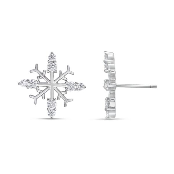 Lavari Jewelers Women's Snowflake Stud Earrings with Friction Post Back, 925 Sterling Silver, Cubic Zirconia, 13 MM