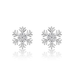 Lavari Jewelers Women's Snowflake Stud Earrings with Friction Back, 925 Sterling Silver, Cubic Zirconia, 10 MM