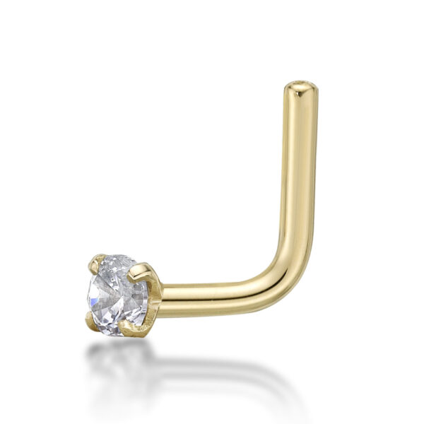 Lavari Jewelers Women's L-Shaped Nose Ring, 14K Yellow Gold, 2MM Cubic Zirconia, 20 Gauge