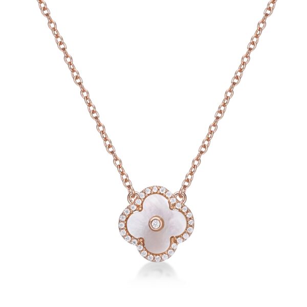 Lavari Jewelers Women's Mother of Pearl Flower Pendant with Lobster Clasp Necklace, 925 Pink Sterling Silver, Cubic Zirconia, 16-18 Inches