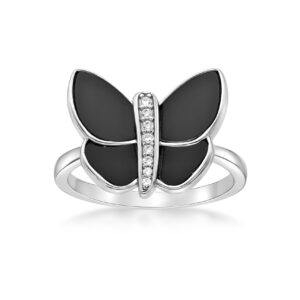 Lavari Jewelers Women’s Black Onyx Butterfly Ring, 925 Sterling Silver, Cubic Zirconia