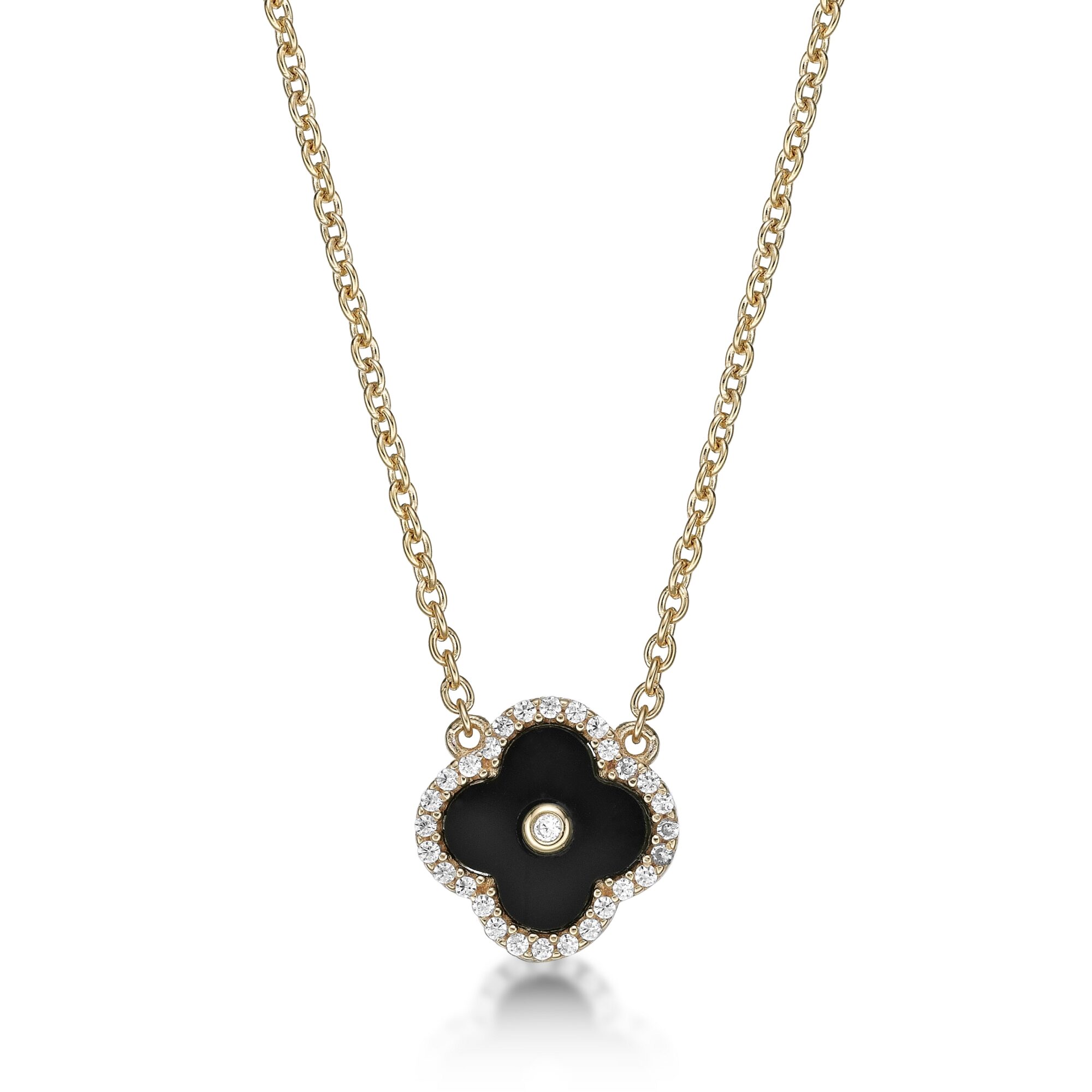 Lavari Jewelers Women’s Black Onyx Flower Pendant with Lobster Clasp Necklace, 925 Yellow Sterling Silver, Cubic Zirconia, 16-18 Inches