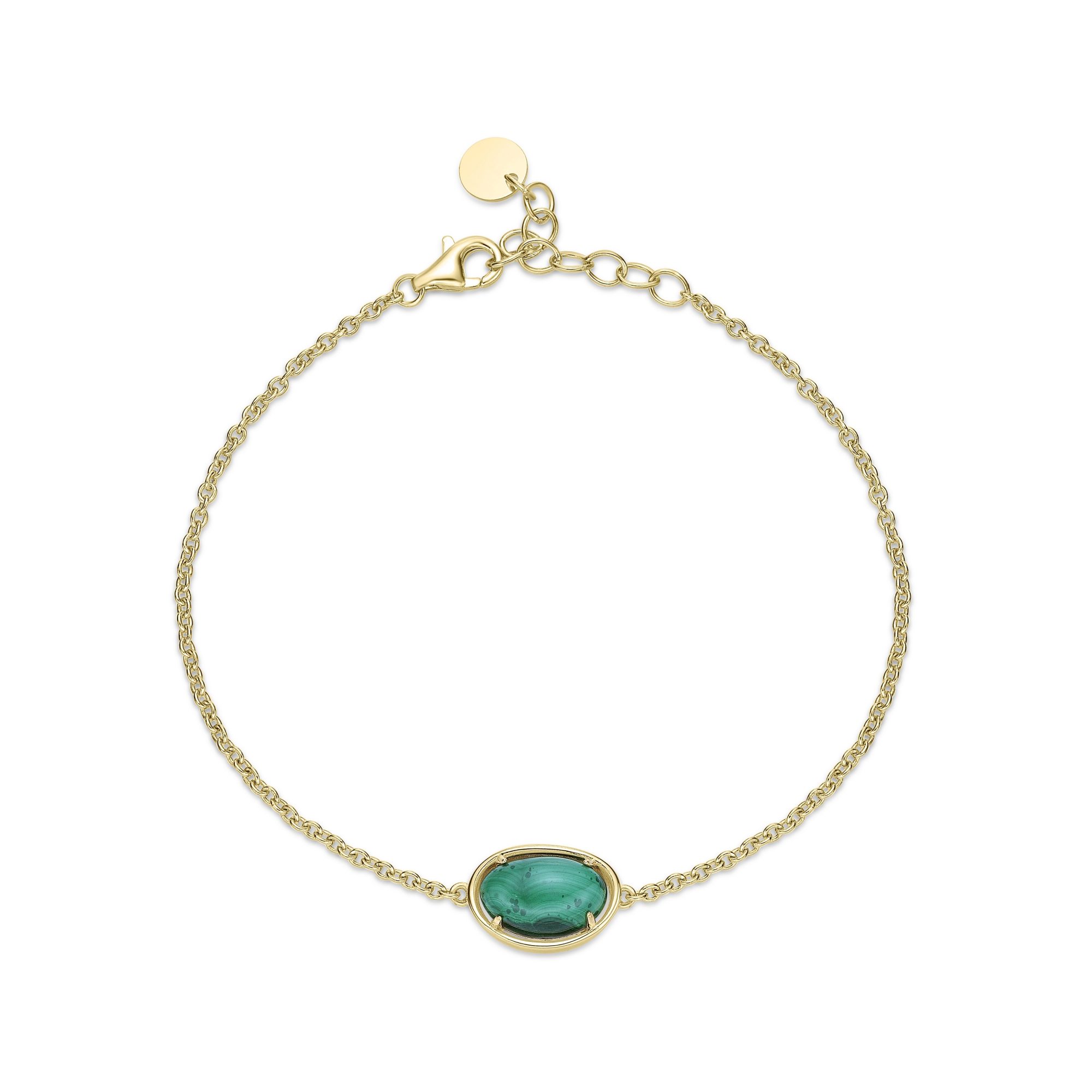 Lavari Jewelers Women’s Yellow Sterling Silver Malachite Oval Charm Bracelet with Cubic Zirconia, 8″