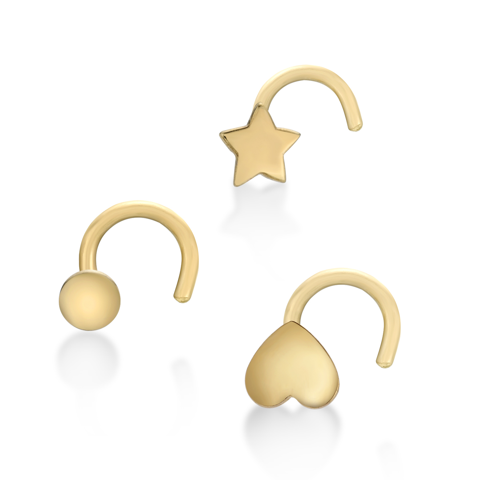 Women's Star, Circle, Heart Curve Nose Ring Set, 10K Yellow Gold, 22 Gauge | Lavari Jewelers