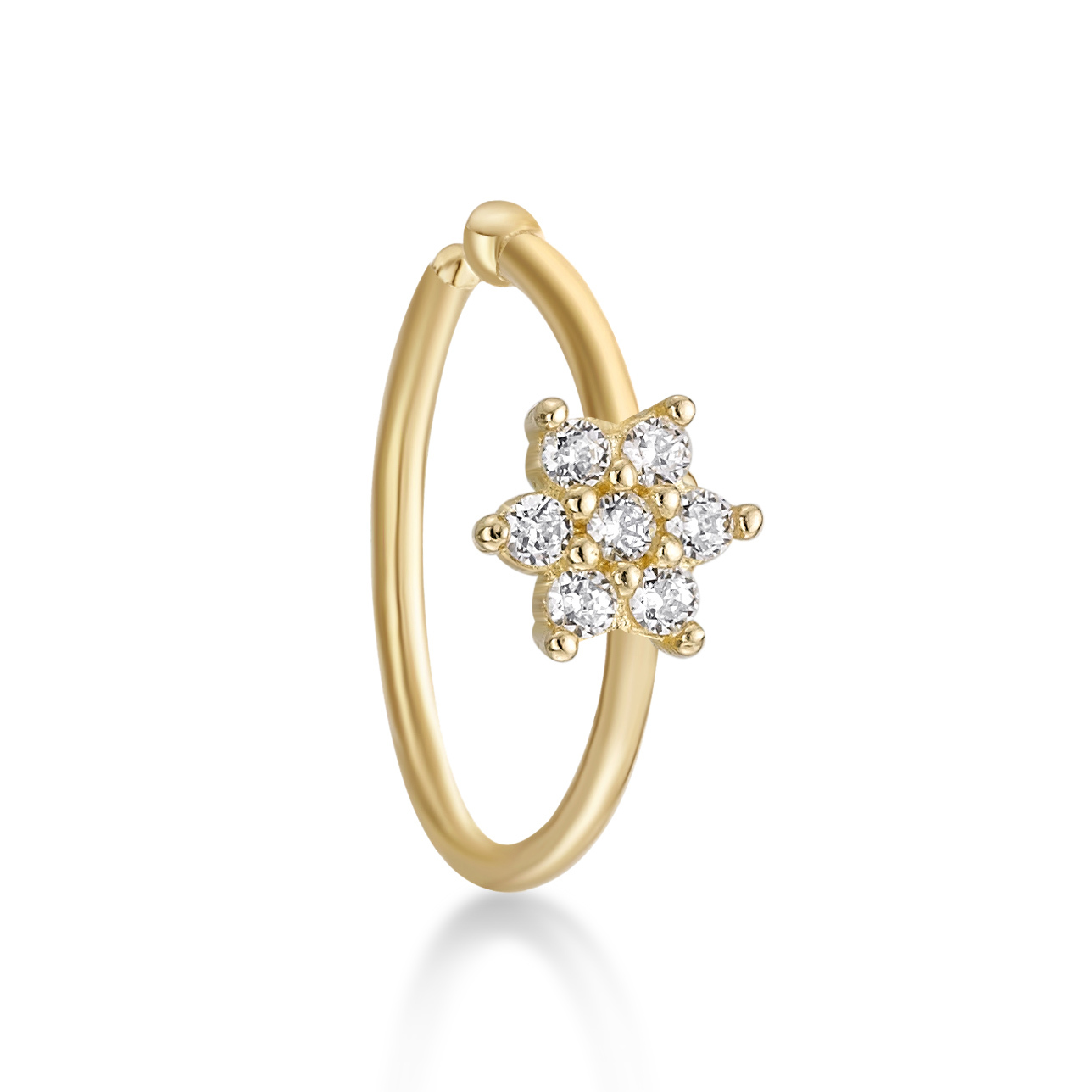 Women's Flower Hoop Nose Ring, 14K Yellow Gold, 4 MM Cubic Zirconia, 22 Gauge | Lavari Jewelers