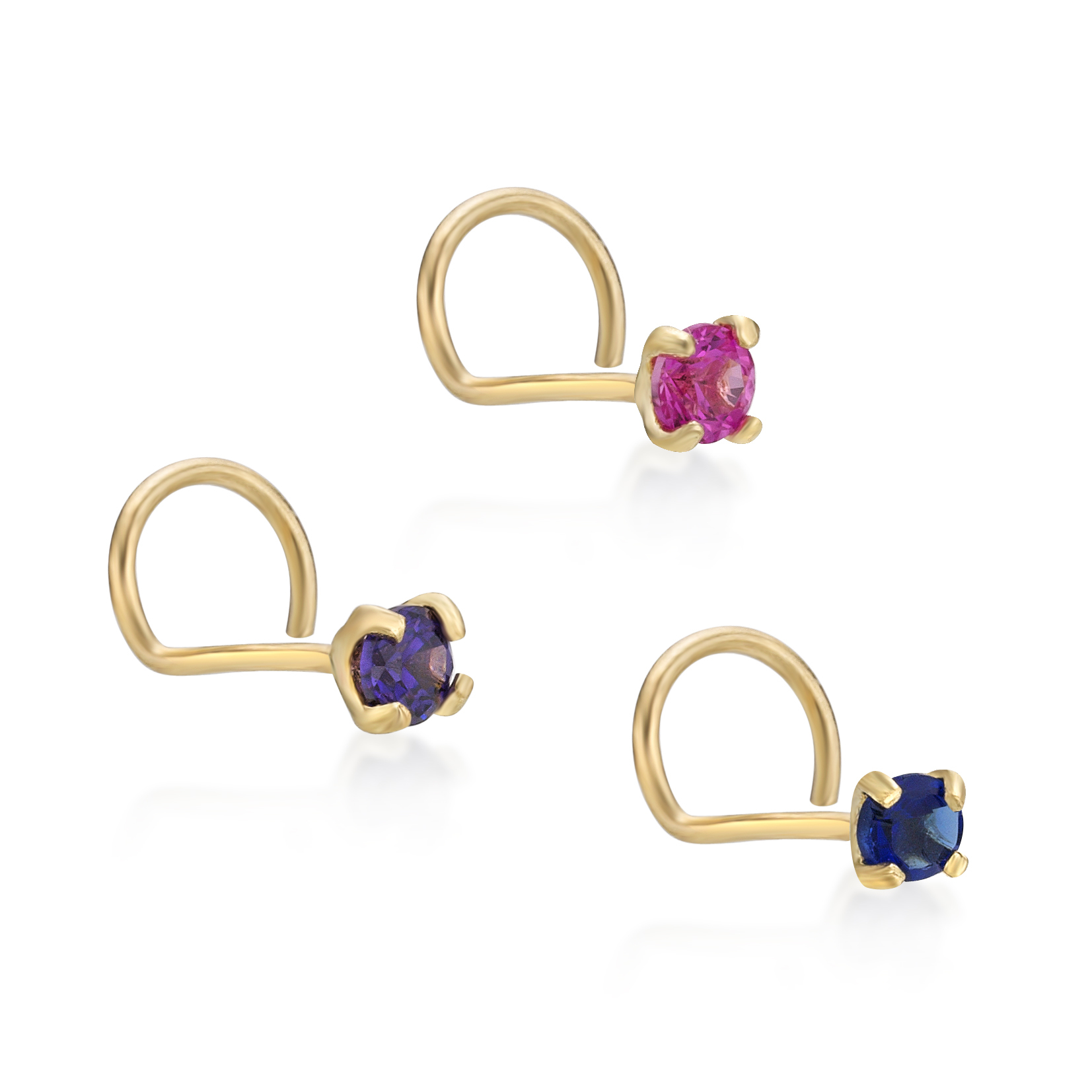 Women's Curved Screw Nose Ring Set, 14K Yellow Gold, 2 MM Blue Pink Purple Cubic Zirconia, 22 Gauge | Lavari Jewelers