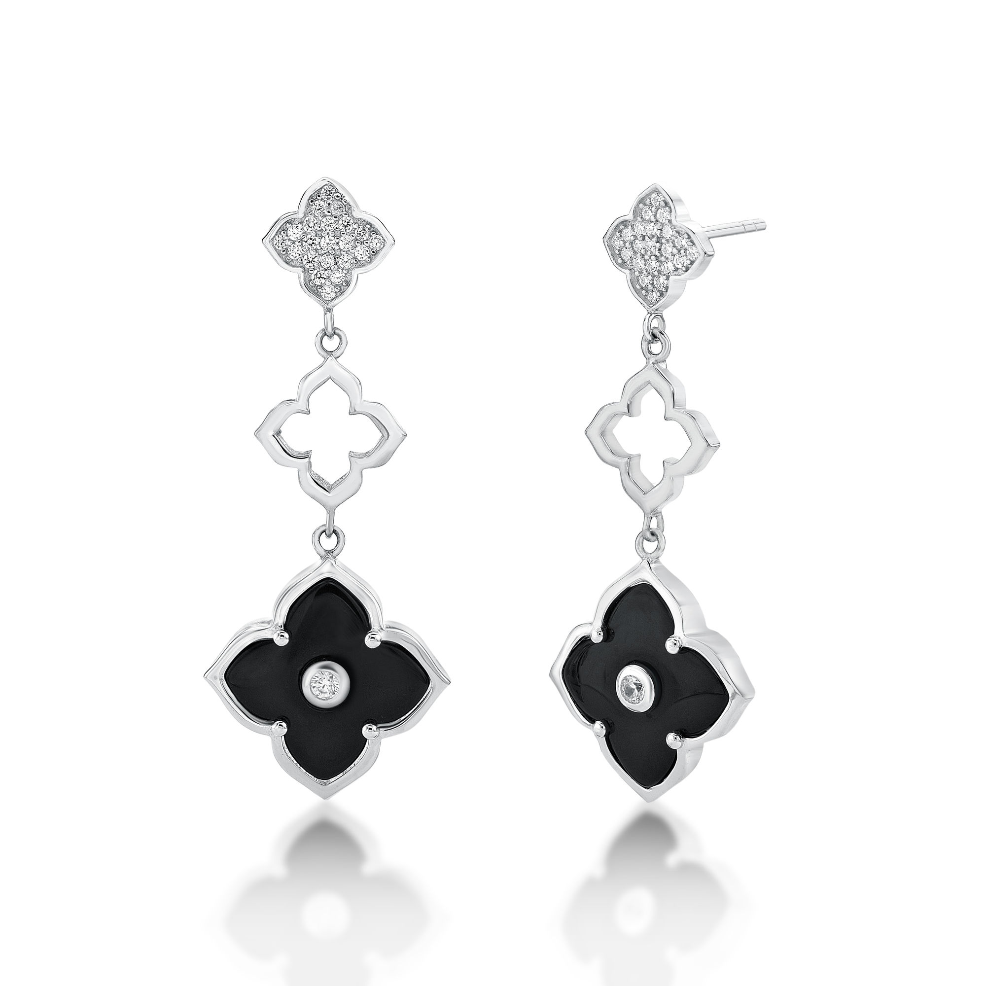 Women's Black Onyx Triple Flower Dangle Drop Earrings in 925 Sterling Silver with Cubic Zirconia - Friction Back - Flora | Lavari Jewelers