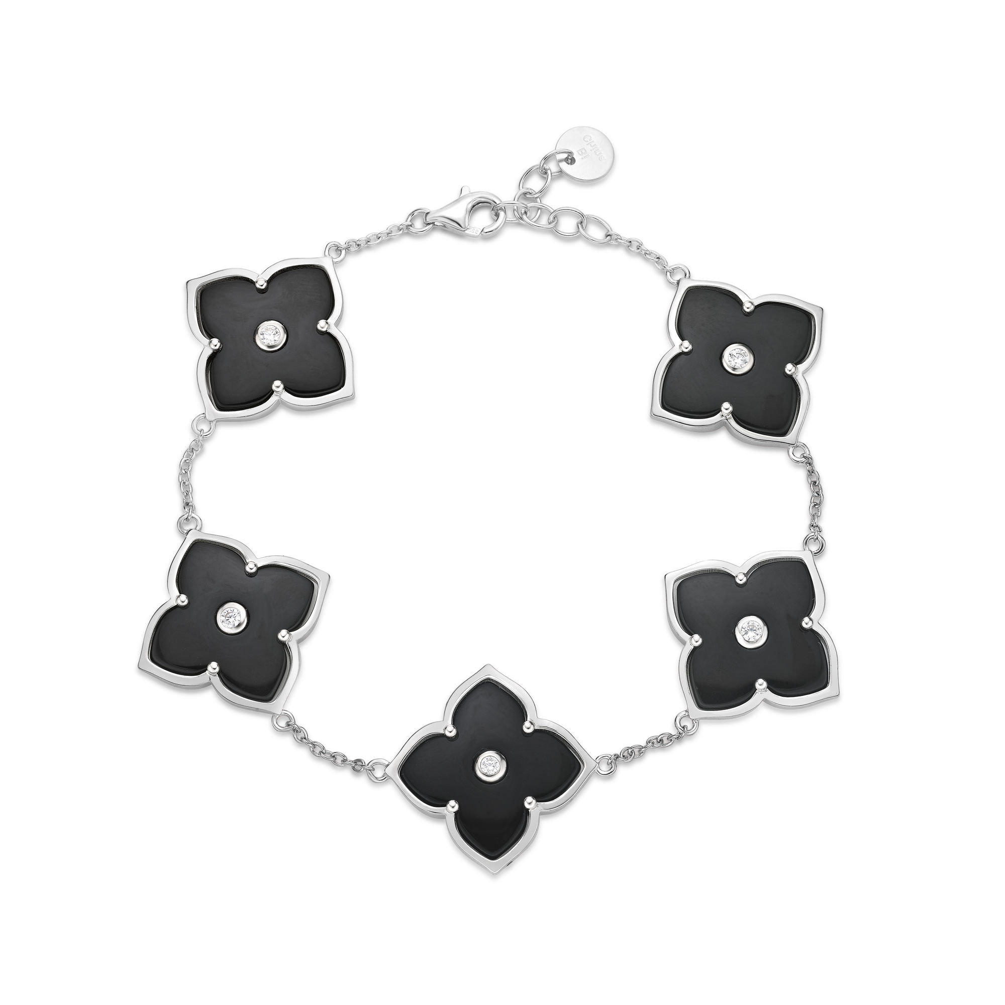 Women's Black Onyx Five-Station Flower Bracelet in 925 Sterling Silver with Cubic Zirconia - 7-8 Inch Adjustable Cable Chain - Flora | Lavari Jewelers