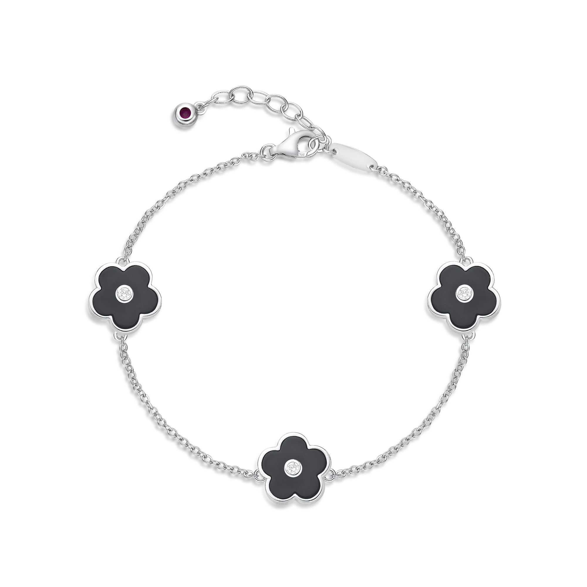 Women's Black Onyx Triple Flower Bracelet in 925 Sterling Silver with Cubic Zirconia - 7-8 Inch Adjustable Cable Chain - Flora | Lavari Jewelers