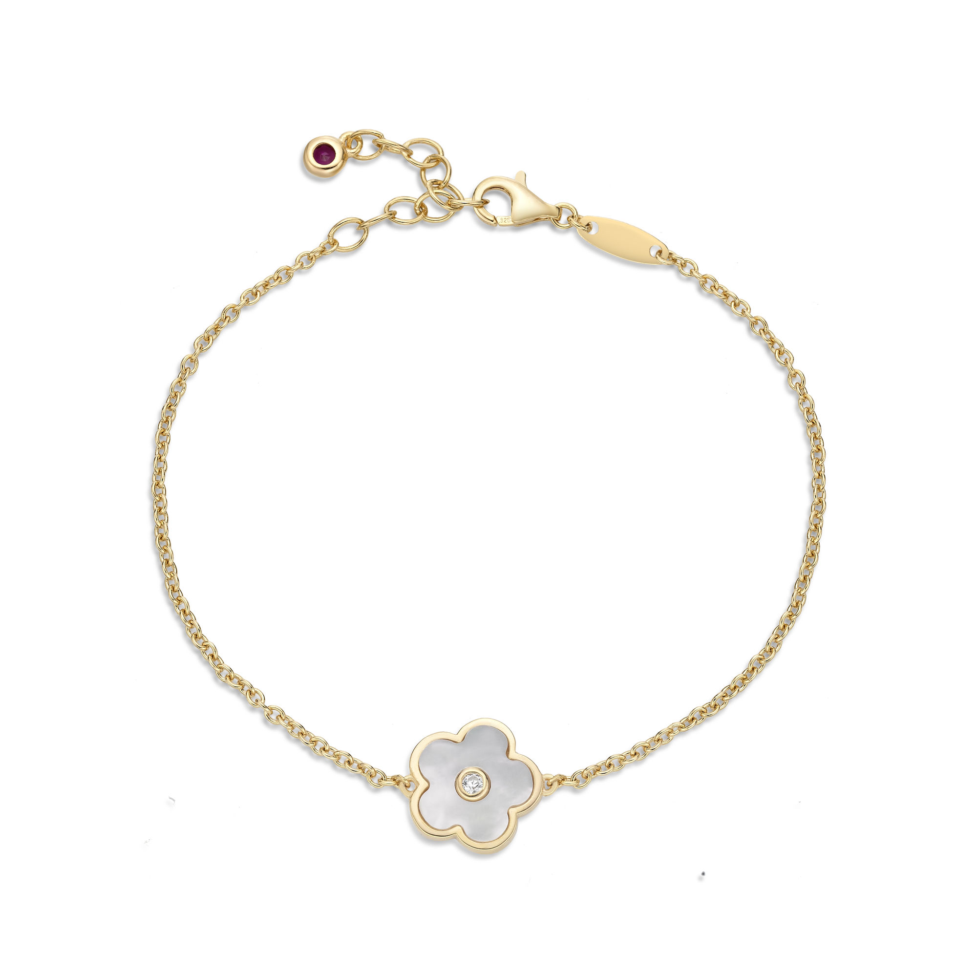 Women's Mother of Pearl Triple Flower Bracelet in Yellow Gold Plated Sterling Silver with Cubic Zirconia - 7-8 Inch Adjustable Cable Chain - Flora | Lavari Jewelers