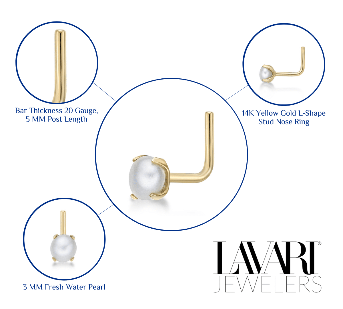 Lavari Jewelers Women's L-Shaped Stud Nose Ring, 14K Yellow Gold, Fresh Water Pearl, 20 Gauge, 3 mm