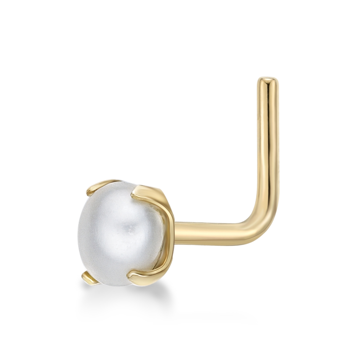 Women's L-Shaped Stud Nose Ring, 14K Yellow Gold, Fresh Water Pearl, 20 Gauge, 3 MM | Lavari Jewelers