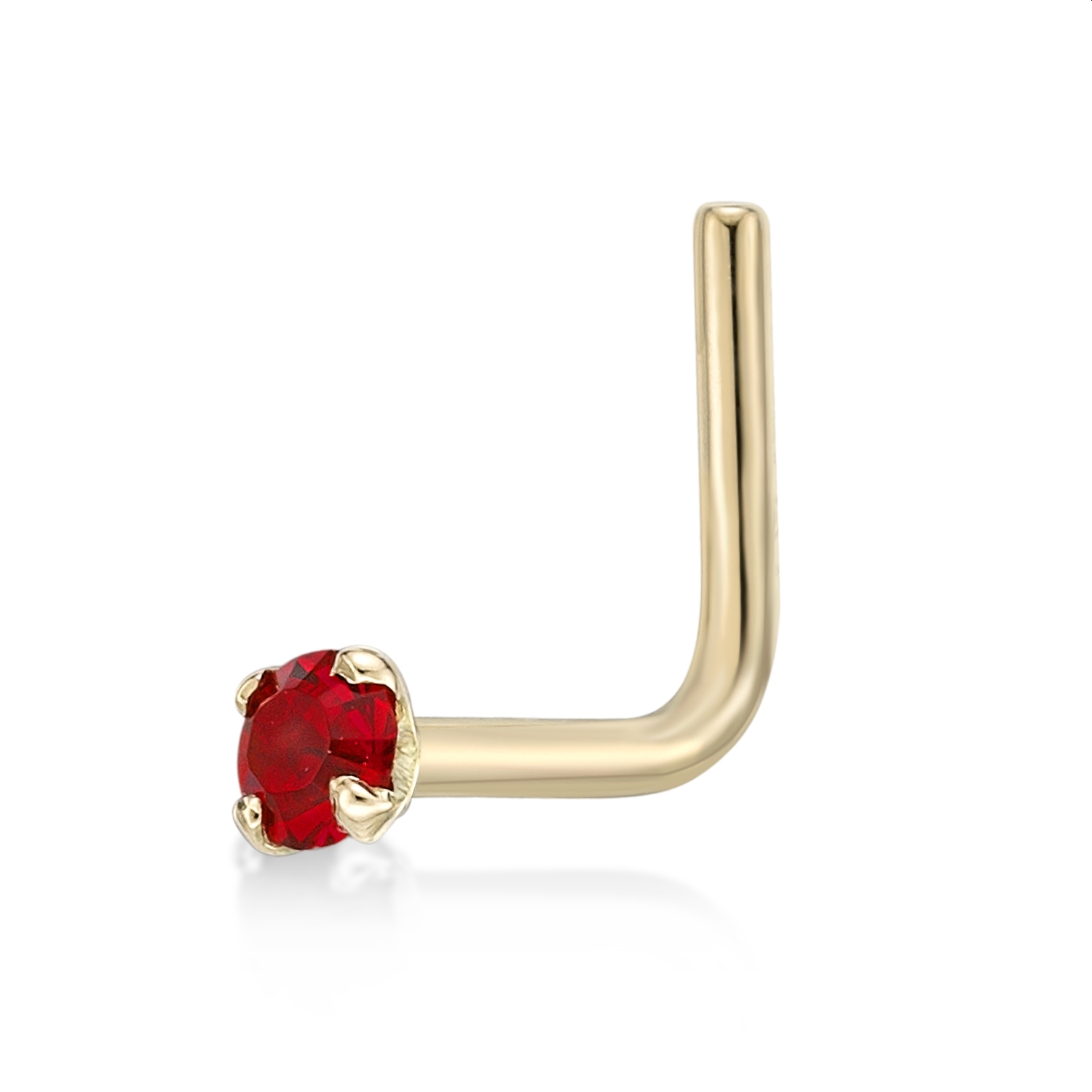 Women's L-Shaped Stud Nose Ring, 14K Yellow Gold, Red Swarovski Crystal, 20 Gauge, 2 MM | Lavari Jewelers