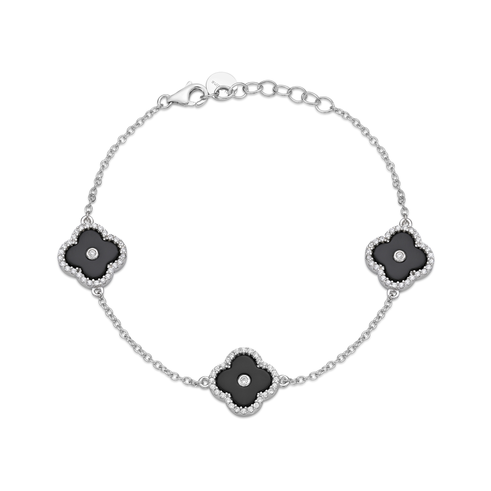 Lavari Jewelers Women's Black Onyx Triple Flower Bracelet, 925 Sterling Silver, Cubic Zirconia, 7 Inches