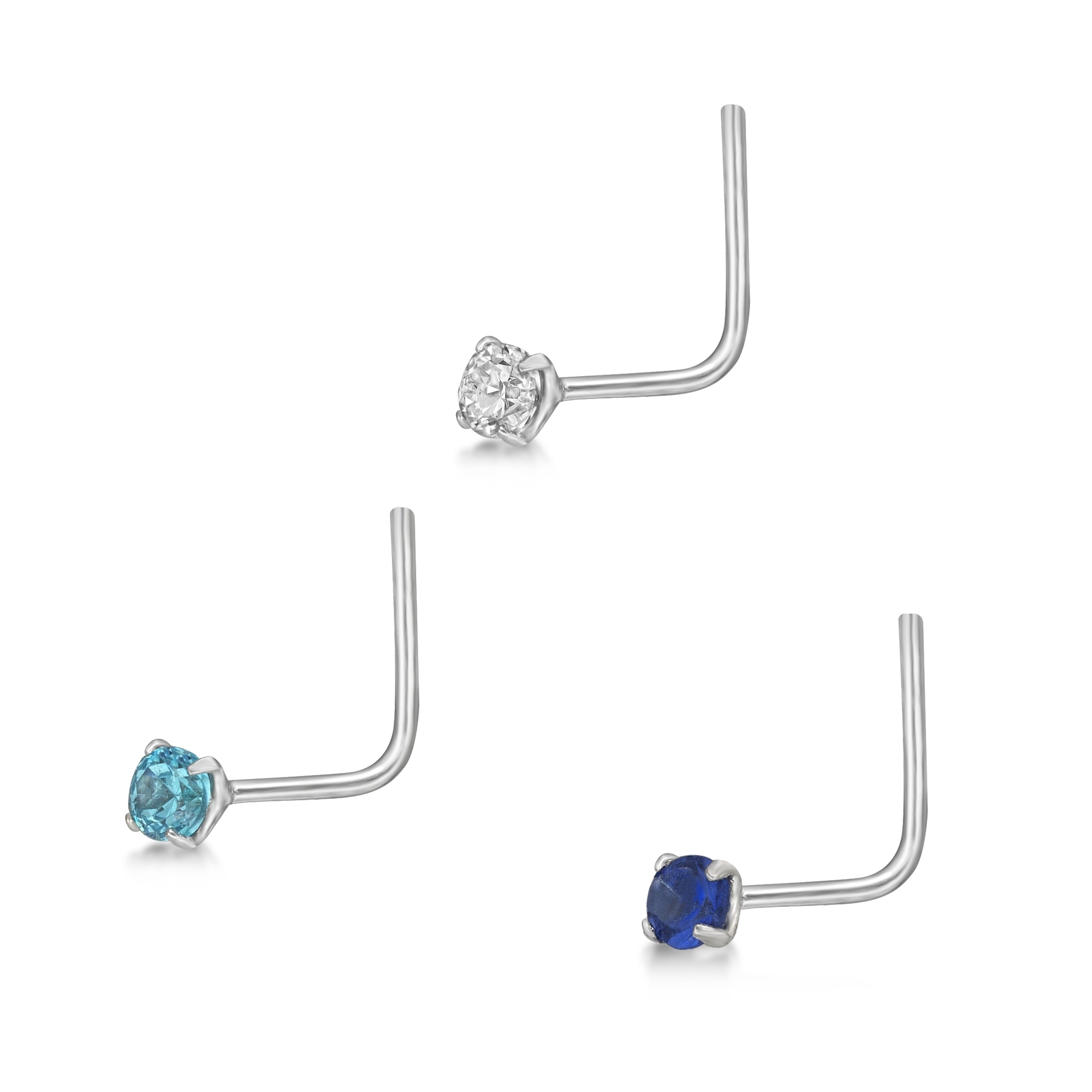 Lavari Jewelers Women's L-Shaped Nose Ring Set, 14K White Gold, 2 MM Blue Cubic Zirconia, 22 Gauge