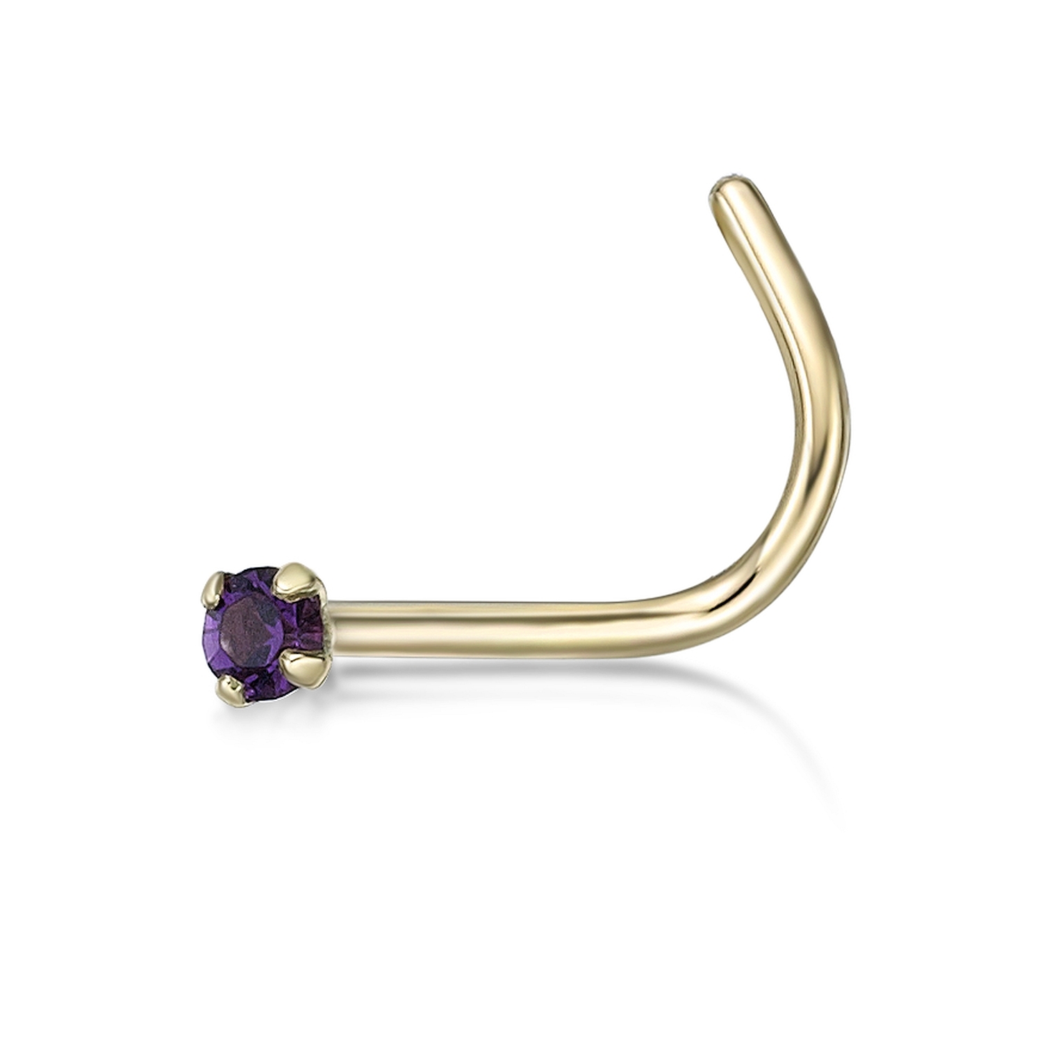 Lavari Jewelers Women's Violet Cubic Zirconia Curved Stud Nose Ring, 14K Yellow Gold, 20 Gauge, 2 MM