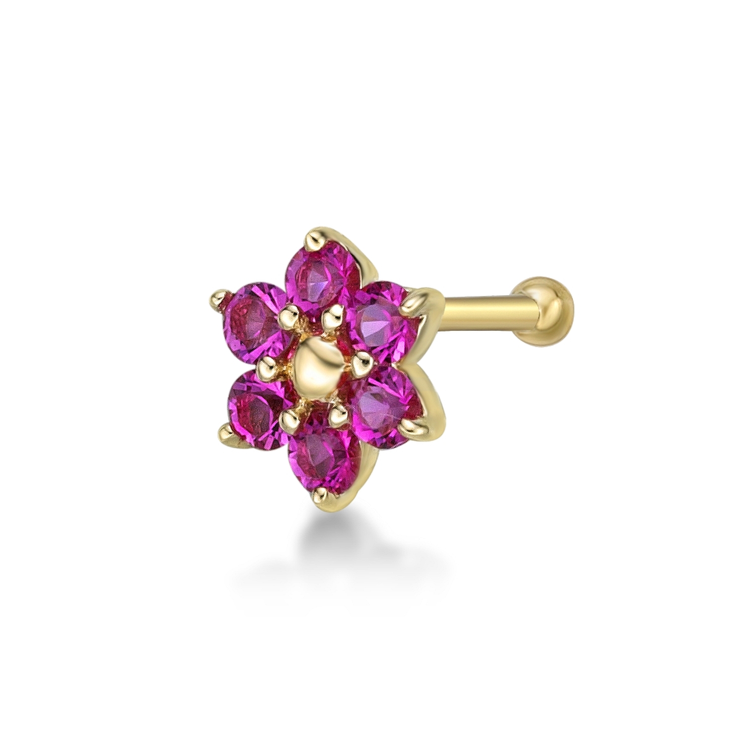 Women's Straight Bone Flower Nose Ring, 14K Yellow Gold, 3.5 MM Pink Swarovski, 20 Gauge | Lavari Jewelers