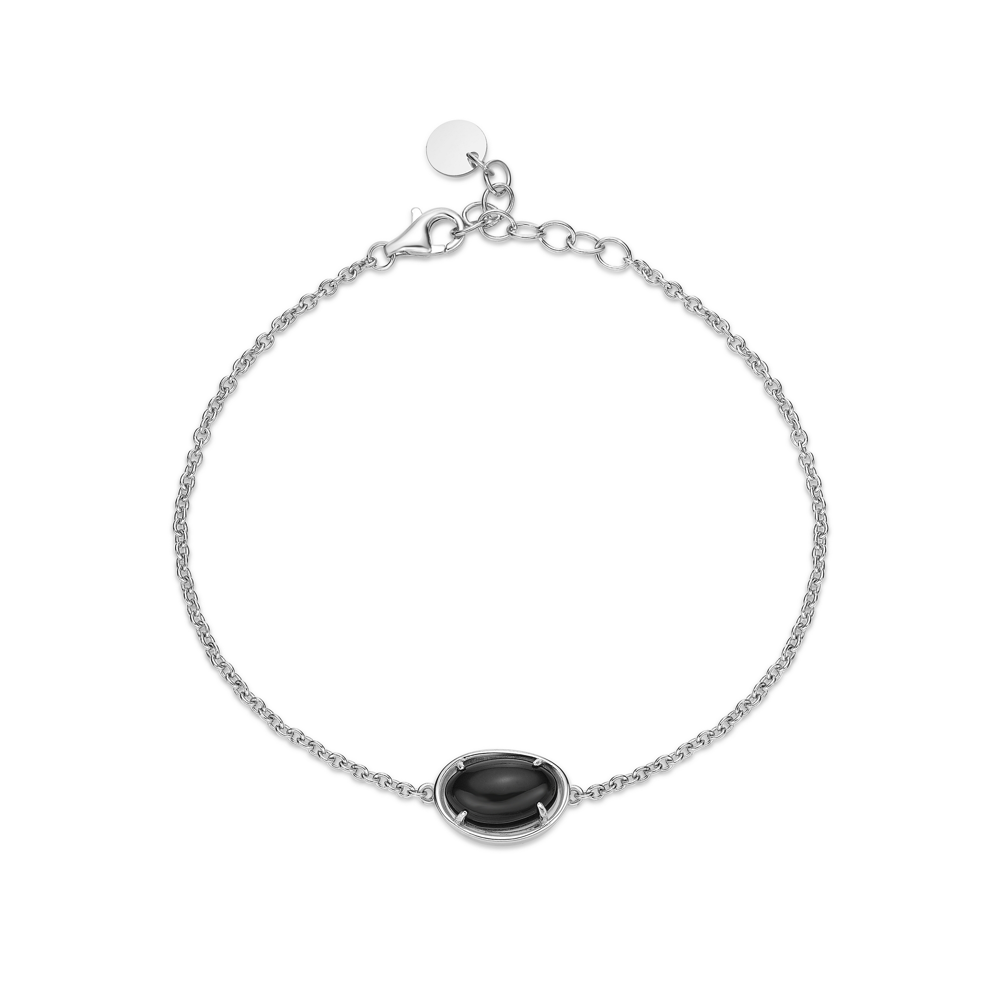 Lavari Jewelers Women's Sterling Silver Black Onyx Oval Charm Bracelet with Cubic Zirconia, 8"