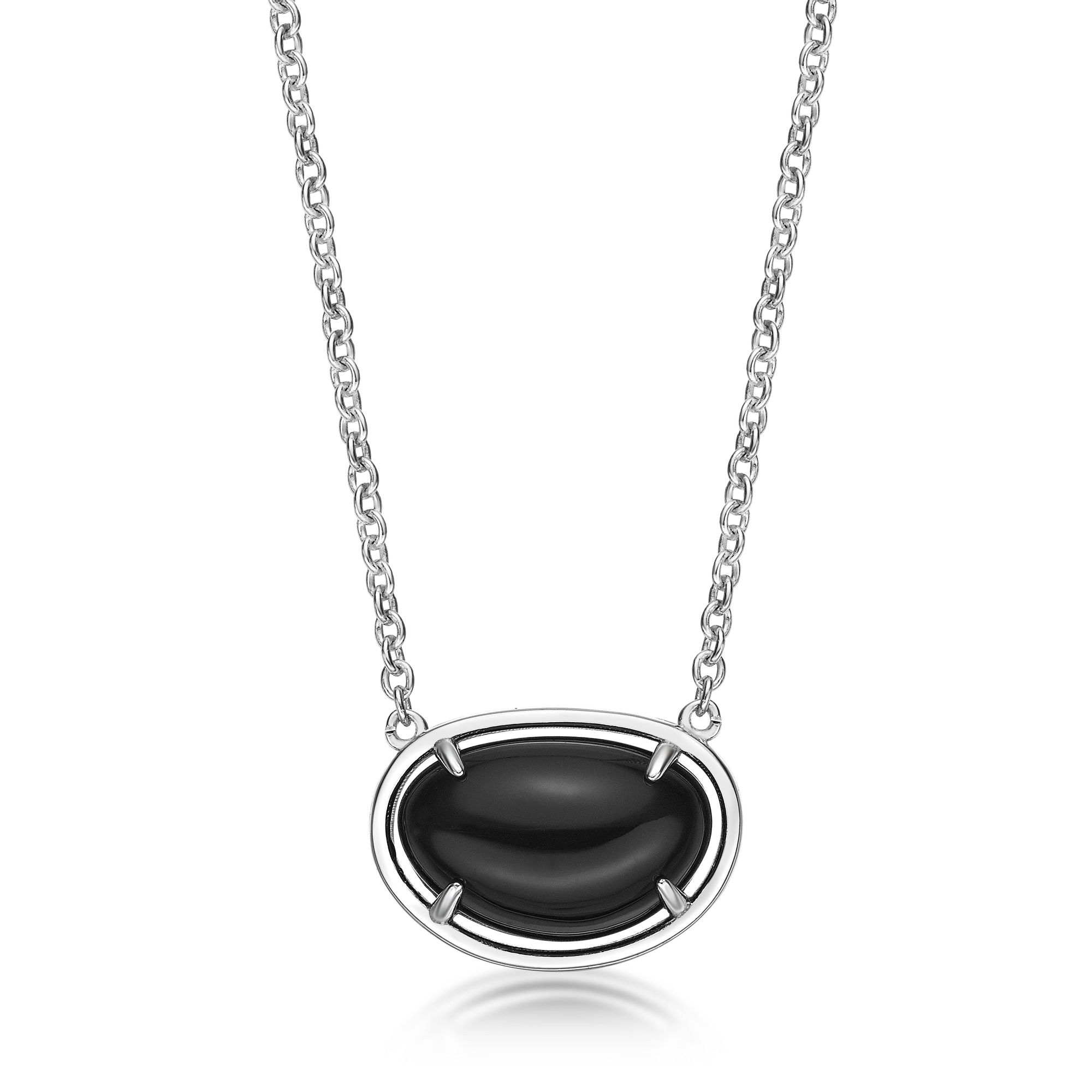 Lavari Jewelers Women's Sterling Silver Black Onyx Oval Charm Pendant with Cubic Zirconia, 18"