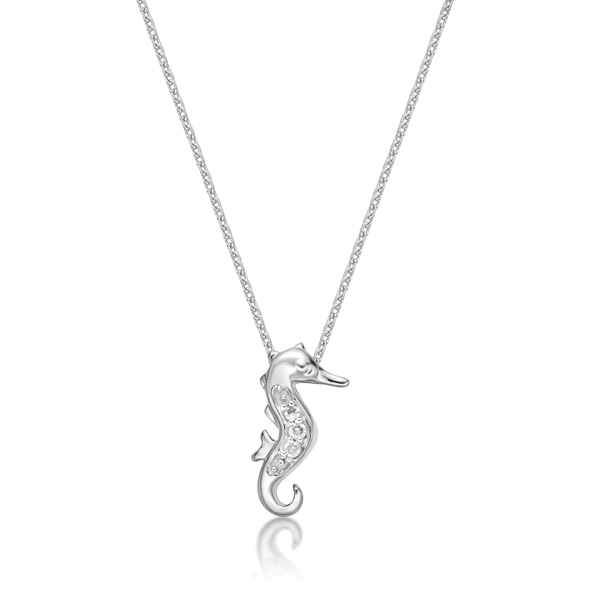 Lavari Jewelers Women's Mini Seahorse Diamond Pendant with Lobster Clasp, 10K White Gold, .01 Cttw, 18 Inch Cable Chain