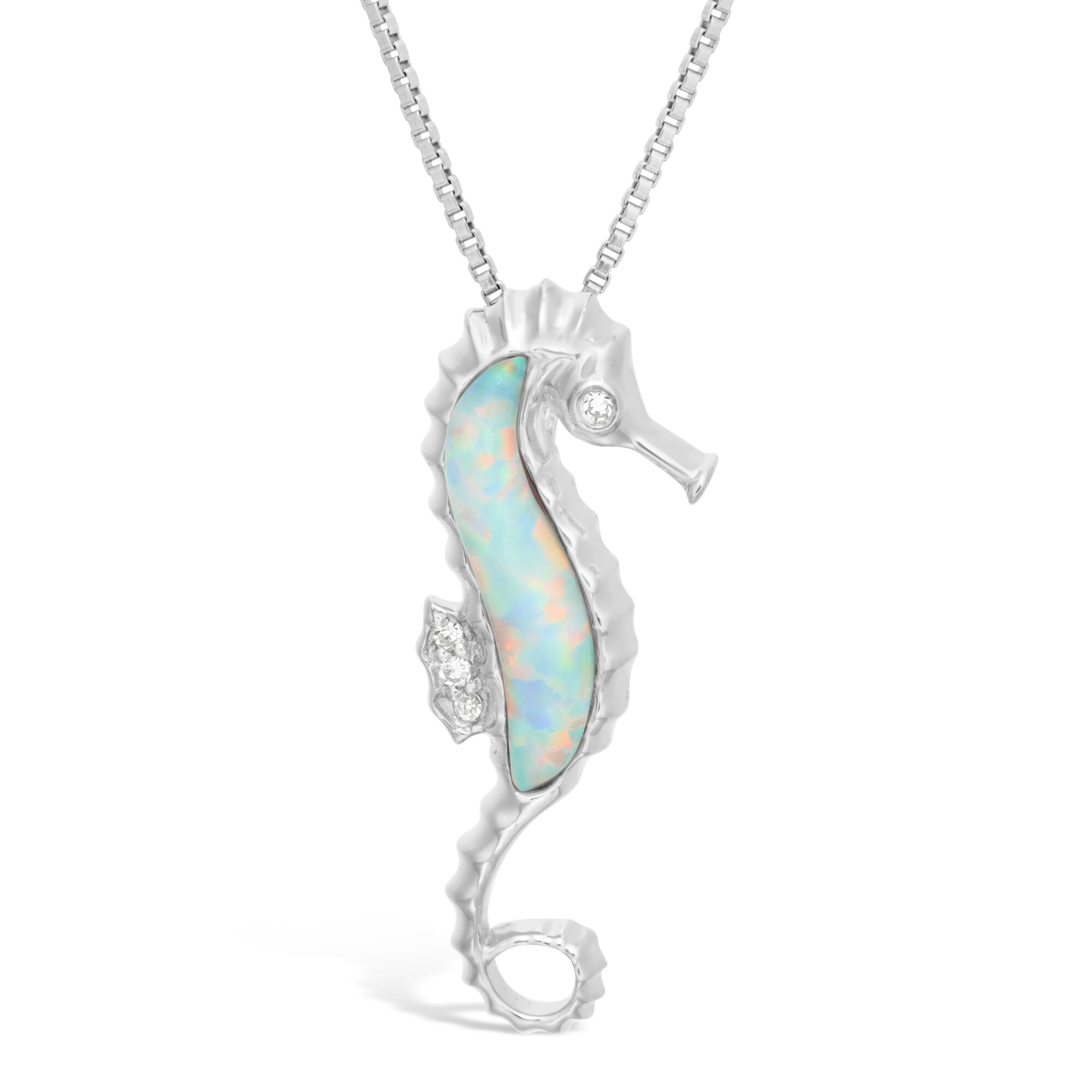 Lavari Jewelers Women's Created White Opal Seahorse Diamond Pendant with Lobster Clasp, Sterling Silver, .012 Cttw, 18 Inch Cable Chain