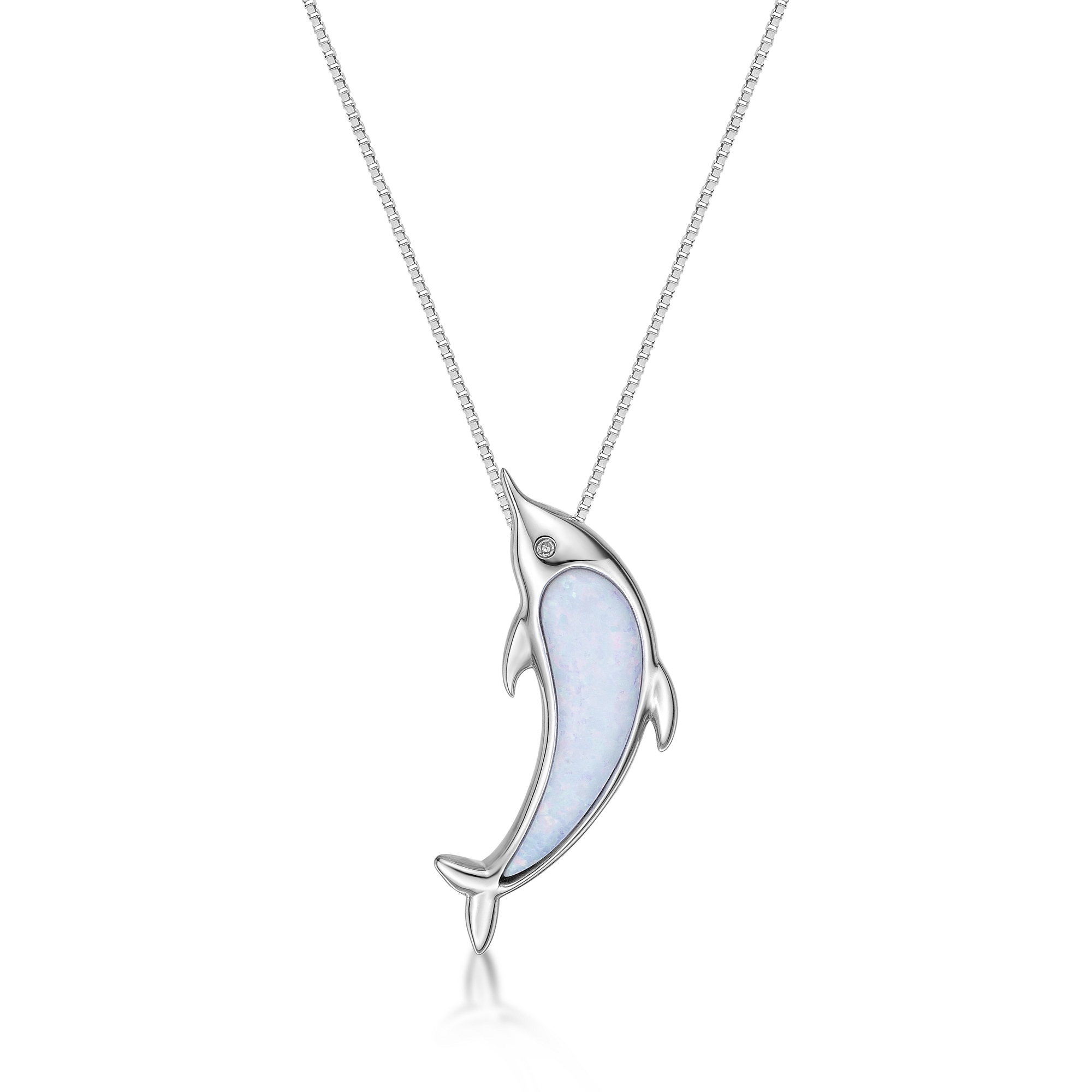 Lavari Jewelers Women's Created White Opal Dolphin Diamond Pendant with Lobster Clasp, Sterling Silver, .003 Cttw, 18 Inch Cable Chain