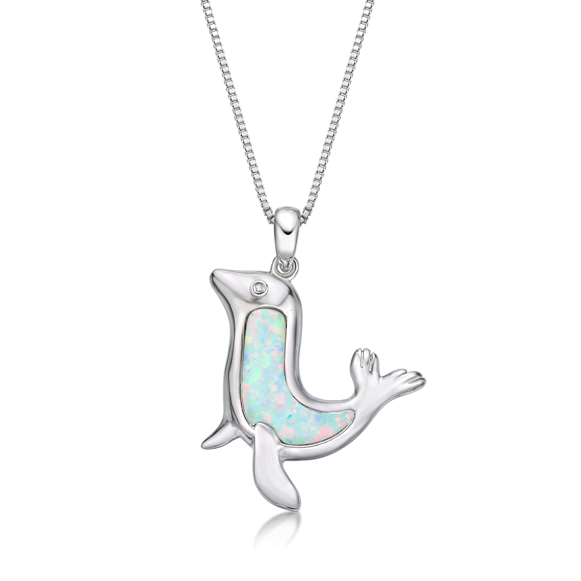 Lavari Jewelers Women's Created White Opal Sea Lion Diamond Pendant with Lobster Clasp, Sterling Silver, .015 Cttw, 18 Inch Cable Chain