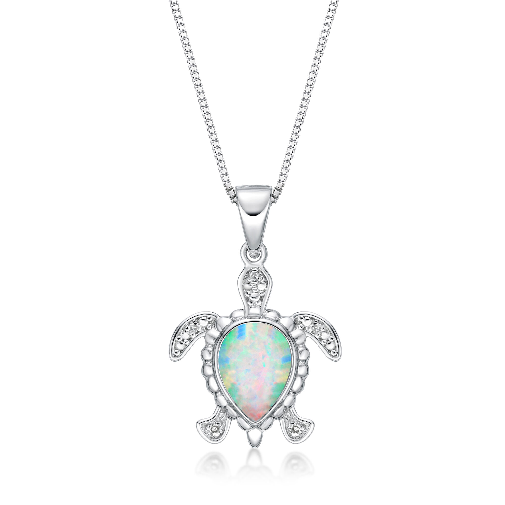 Lavari Jewelers Women's Created White Opal Turtle Diamond Pendant with Lobster Clasp, Sterling Silver, .015 Cttw, 18 Inch Cable Chain