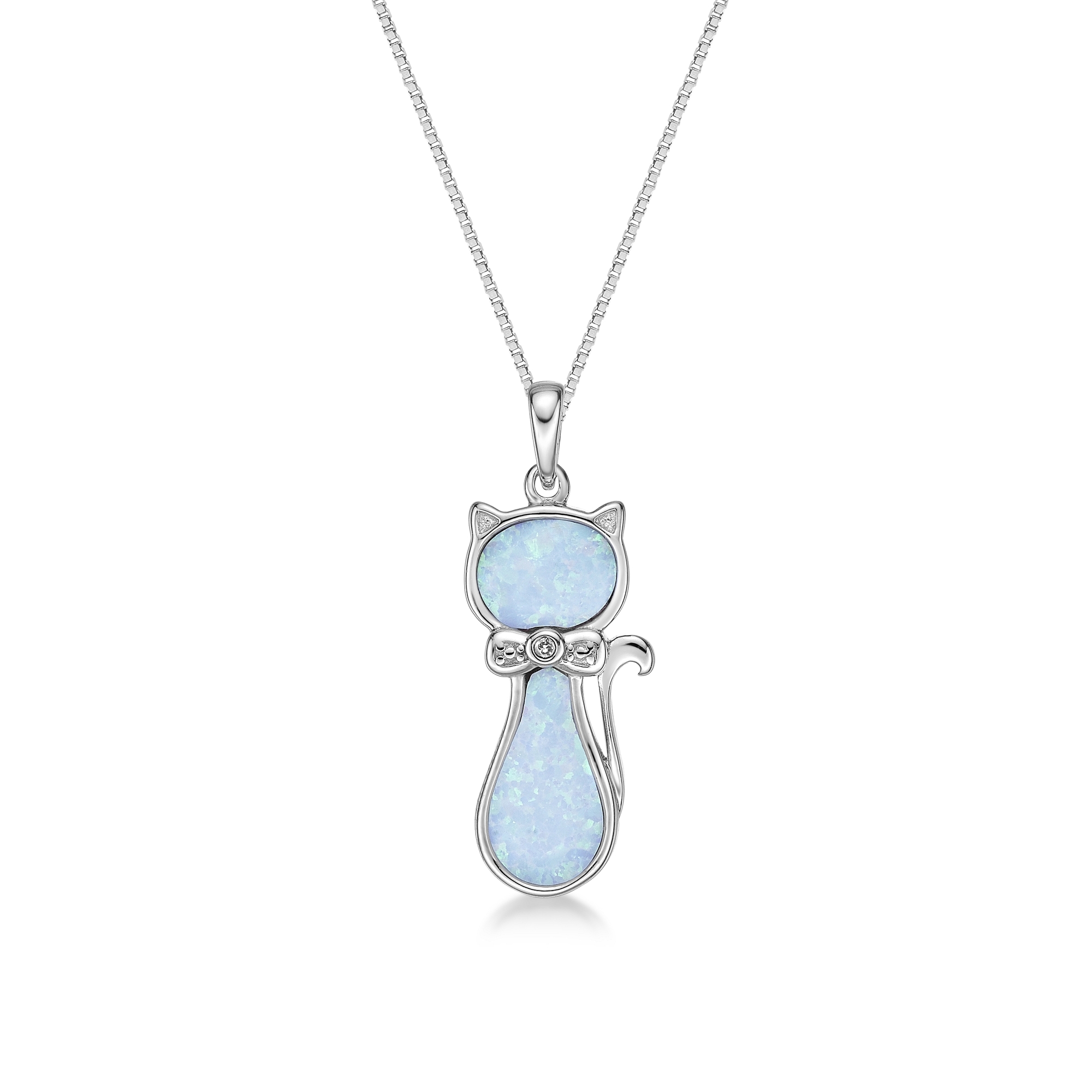 Women's Created White Opal Cat Diamond Pendant with Lobster Clasp, Sterling Silver, .004 Cttw, 18 Inch Cable Chain | Lavari Jewelers