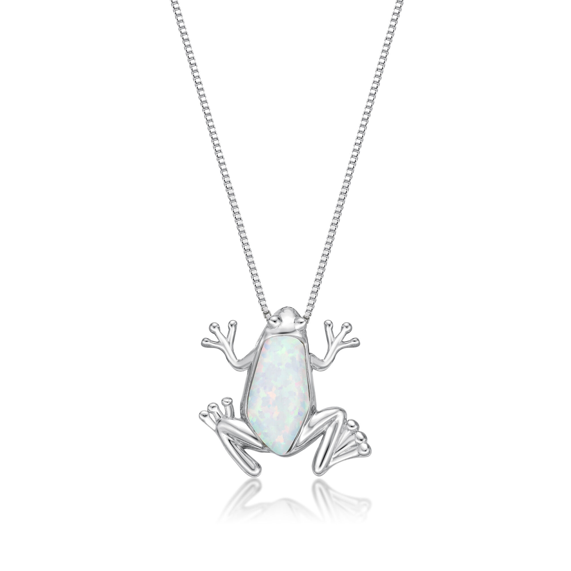Women's Created White Opal Frog Diamond Pendant with Lobster Clasp, Sterling Silver, .015 Cttw, 18 Inch Cable Chain | Lavari Jewelers