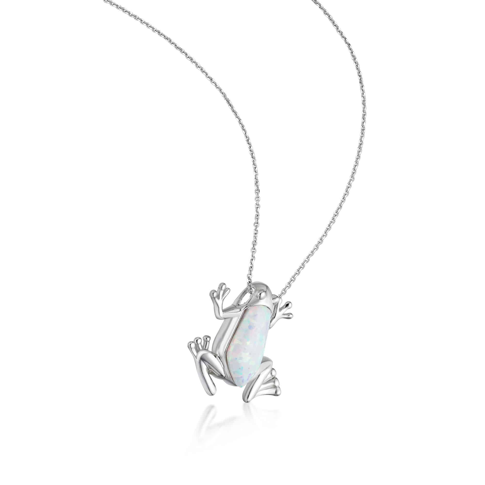 Women's Created White Opal Frog Diamond Pendant with Lobster Clasp,  Sterling Silver, .015 Cttw, 18 Inch Cable Chain | Lavari Jewelers