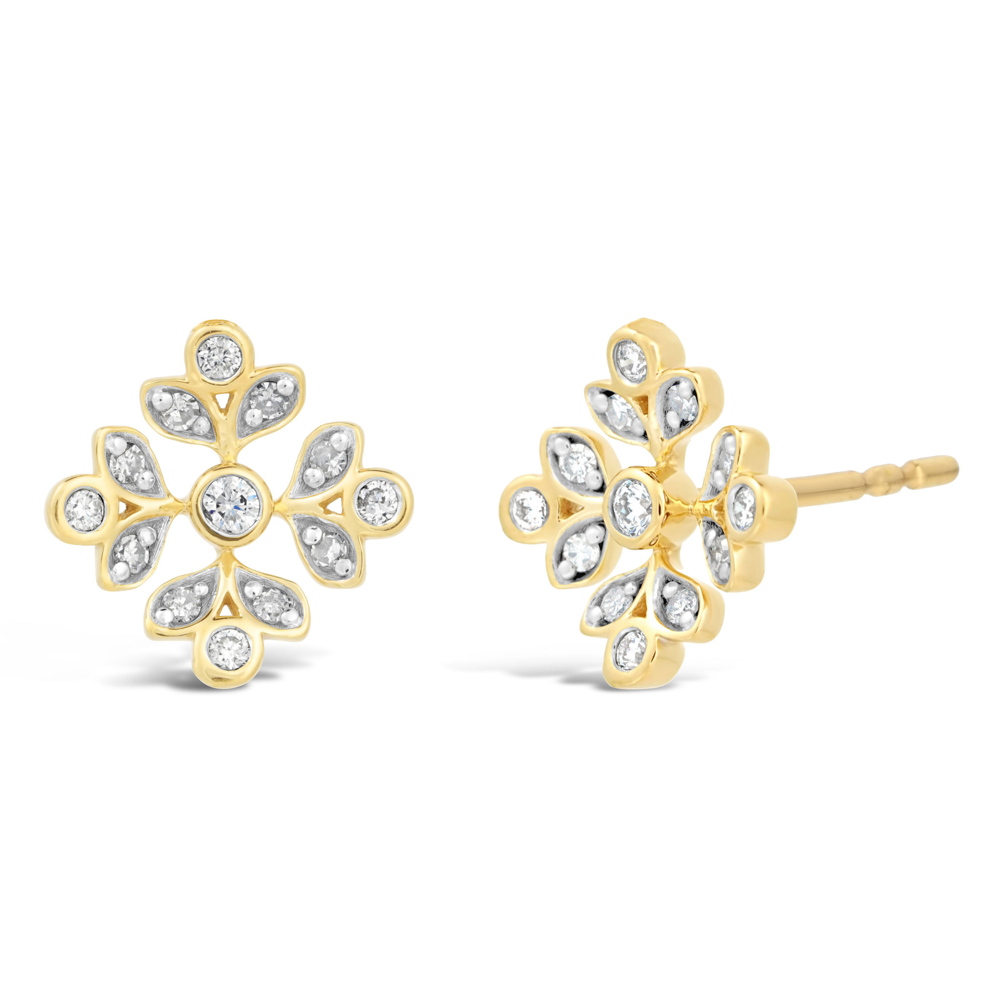 Women's Snowflake Stud Diamond Earrings with Friction Back, 925 Yellow Sterling Silver, .14 Cttw | Lavari Jewelers