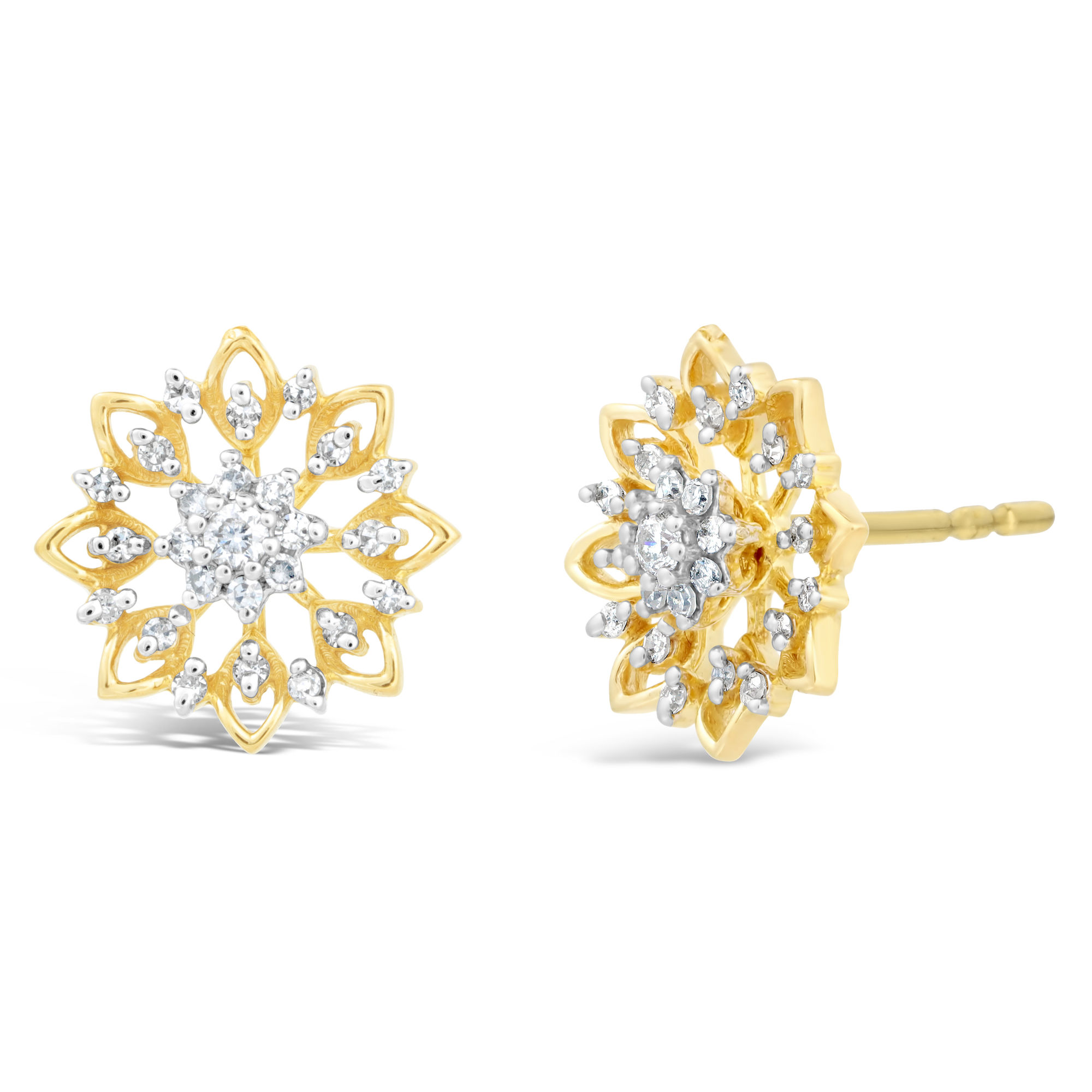Lavari Jewelers Women's Snowflake Stud Diamond Earrings with Friction Back, 925 Yellow Sterling Silver, .14 Cttw