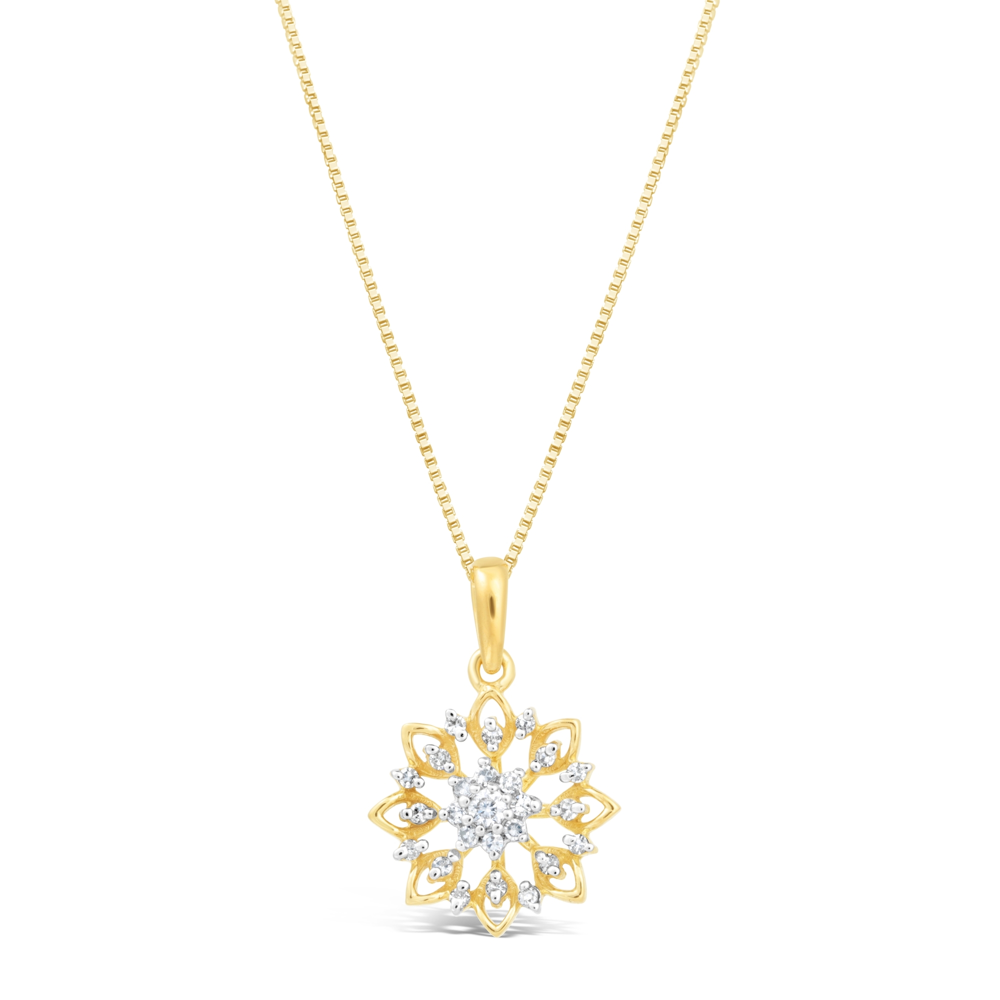 Women's Snowflake Diamond Pendant with Lobster Clasp, 925 Yellow Sterling Silver, .12 Cttw, 18 Inch Box Chain  | Lavari Jewelers