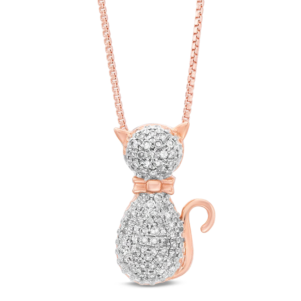 Lavari Jewelers Women's Cat Diamond Pendant with Lobster Clasp, 925 Pink Sterling Silver, .20 Cttw, 18 Inch Box Chain