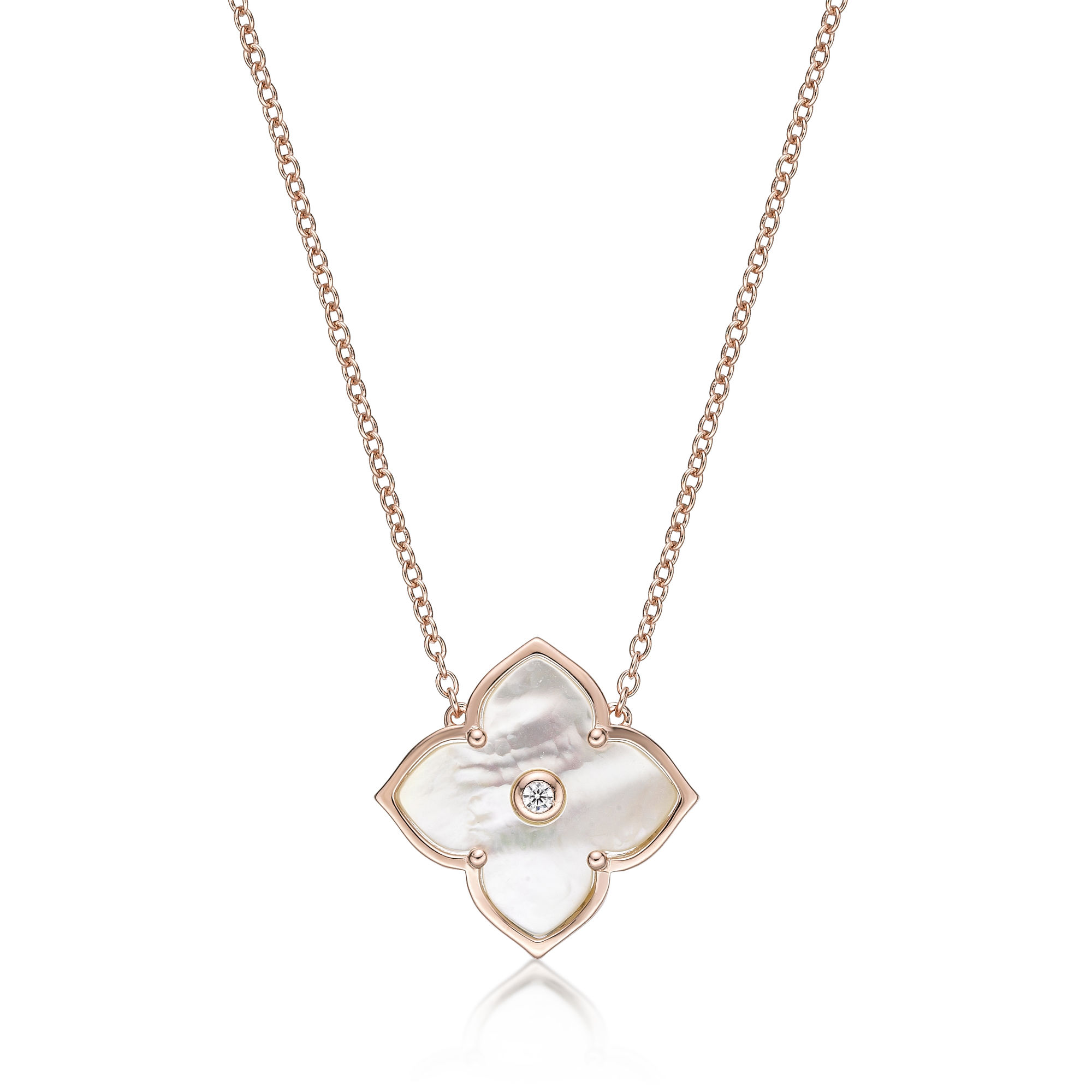 Women's Mother of Pearl Flower Pendant Necklace in Rose Gold Plate Sterling Silver with Cubic Zirconia - 16-18 Inch Adjustable Cable Chain - Flora | Lavari Jewelers