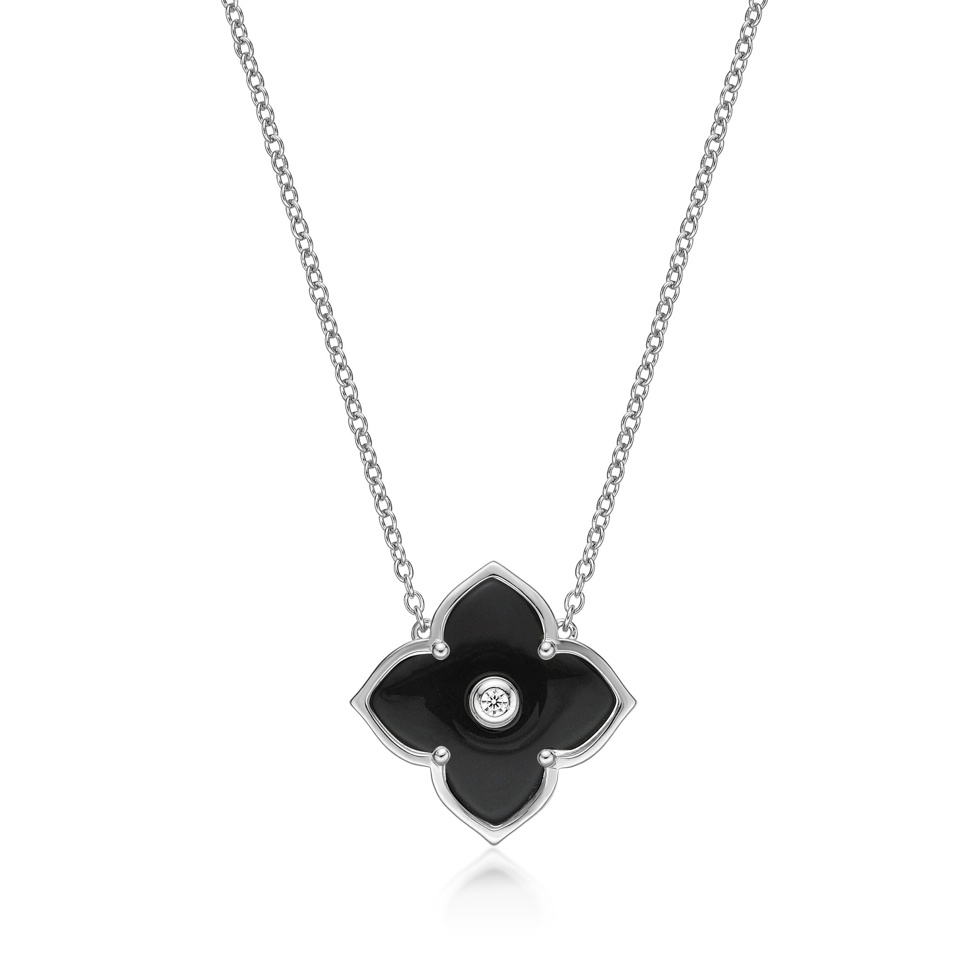 Women's Black Onyx Flower Pendant Necklace in Yellow Gold Plate Sterling Silver with Cubic Zirconia - 16- 18 Inch Adjustable Cable Chain - Flora | Lavari Jewelers