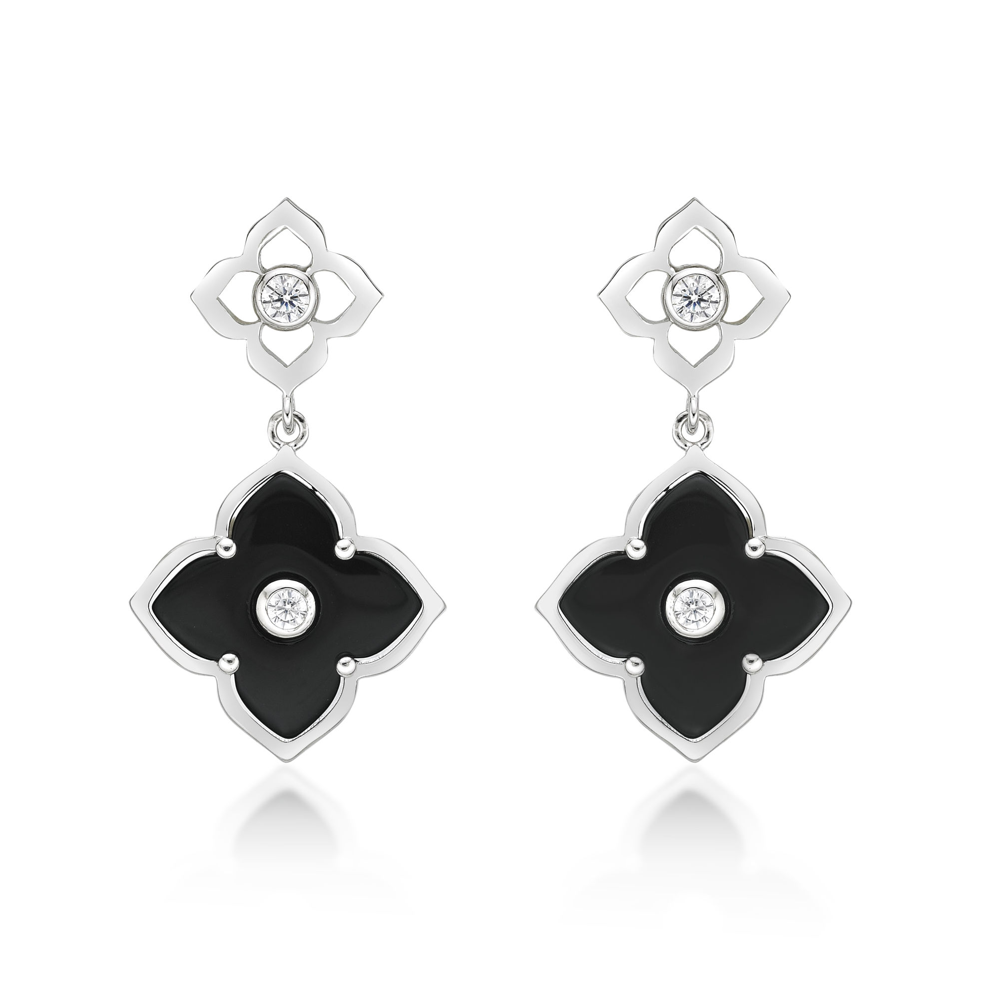 Women's Black Onyx Double Flower Dangle Drop Earrings in 925 Sterling Silver with Cubic Zirconia - Friction Back - Flora | Lavari Jewelers