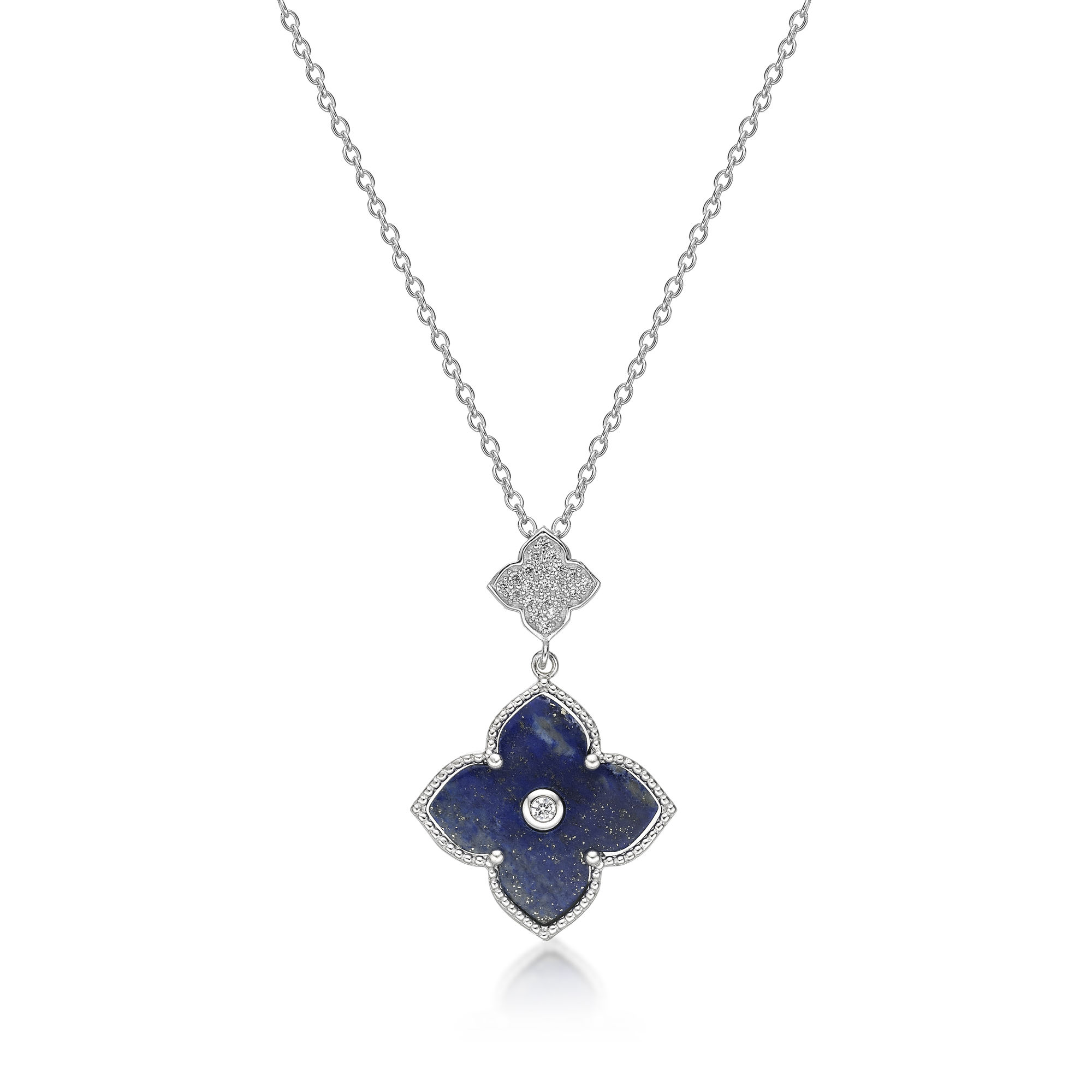 Women's Lapis Lazuli Double Flower Pendant Necklace in 925 Sterling Silver with Cubic Zirconia - 16-18 Inch Adjustable Cable Chain - Flora | Lavari Jewelers
