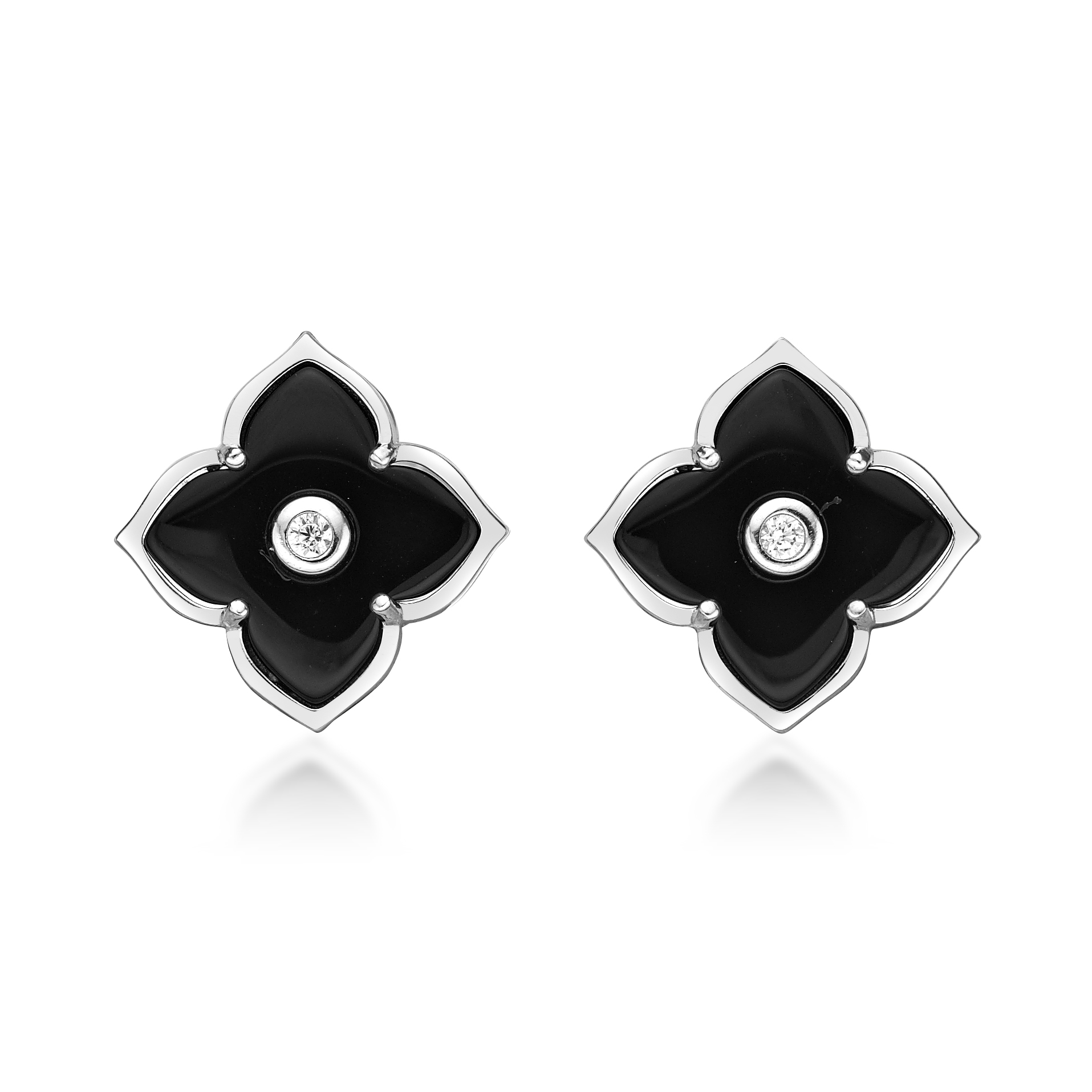 Women's Black Onyx Flower Earrings in 925 Sterling Silver with Cubic Zirconia - Hinged Back - Flora | Lavari Jewelers