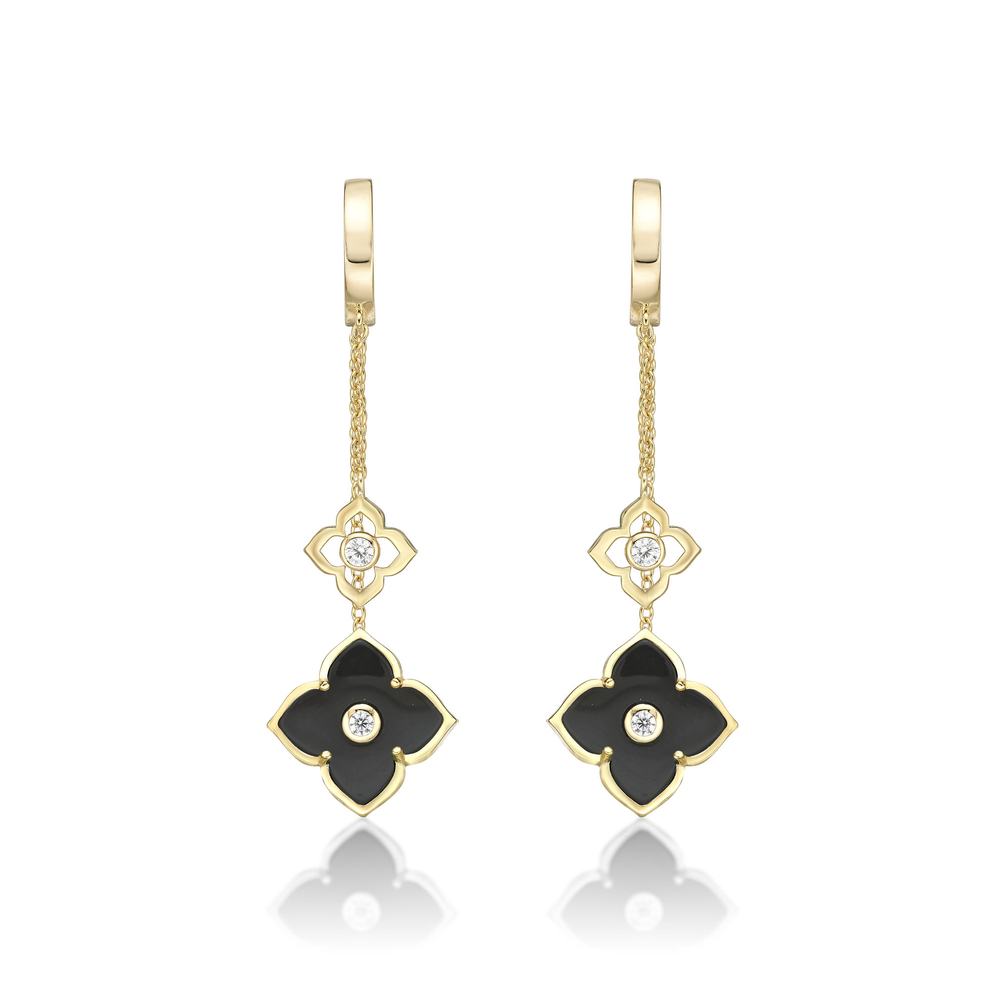 Women's Black Onyx Double Flower Dangle Drop Earrings in Yellow Gold Plated Sterling Silver with Cubic Zirconia - Hinged Back - Flora | Lavari Jewelers