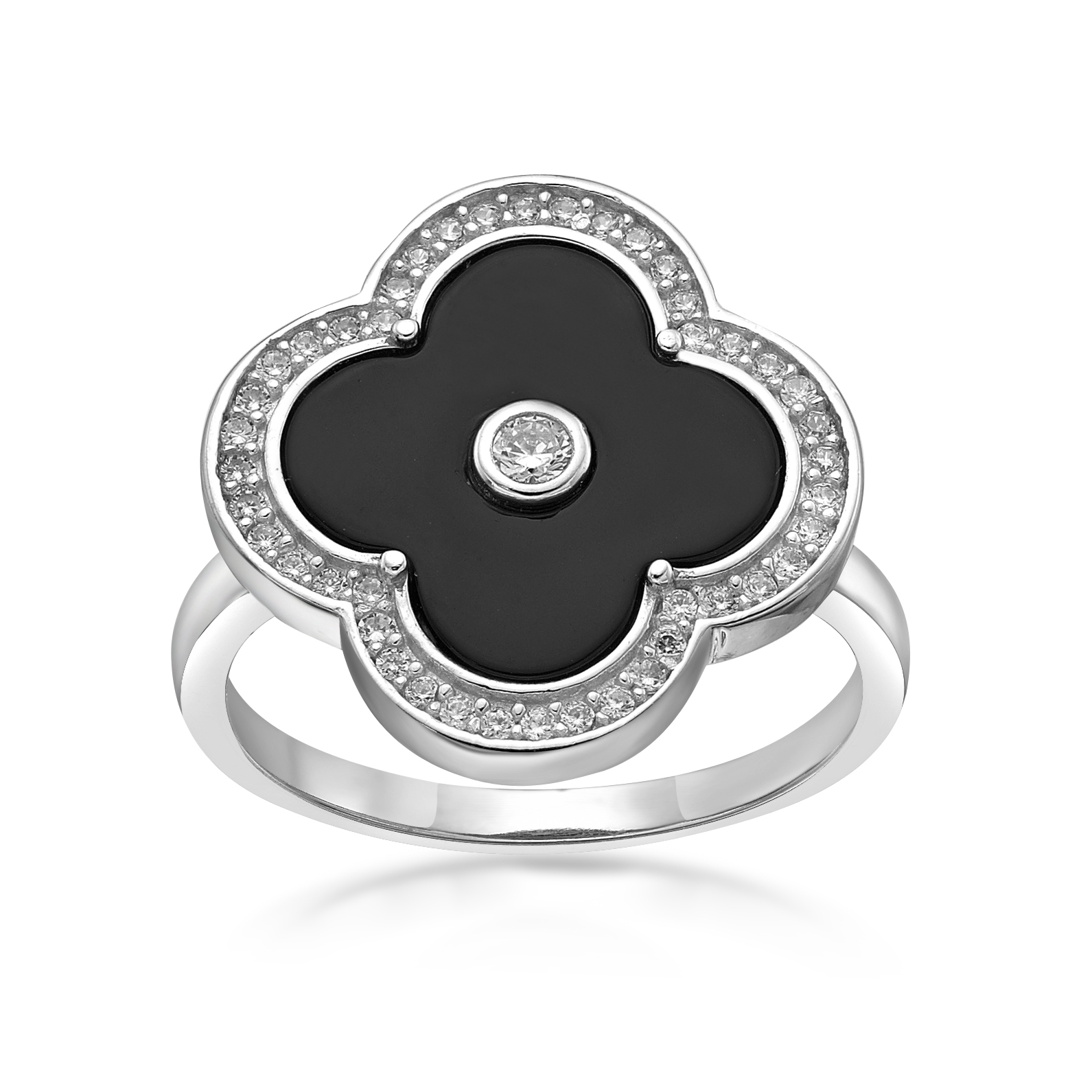 Lavari Jewelers Women's Black Onyx Flower Silver Layered Ring, 925 Sterling Silver, Cubic Zirconia