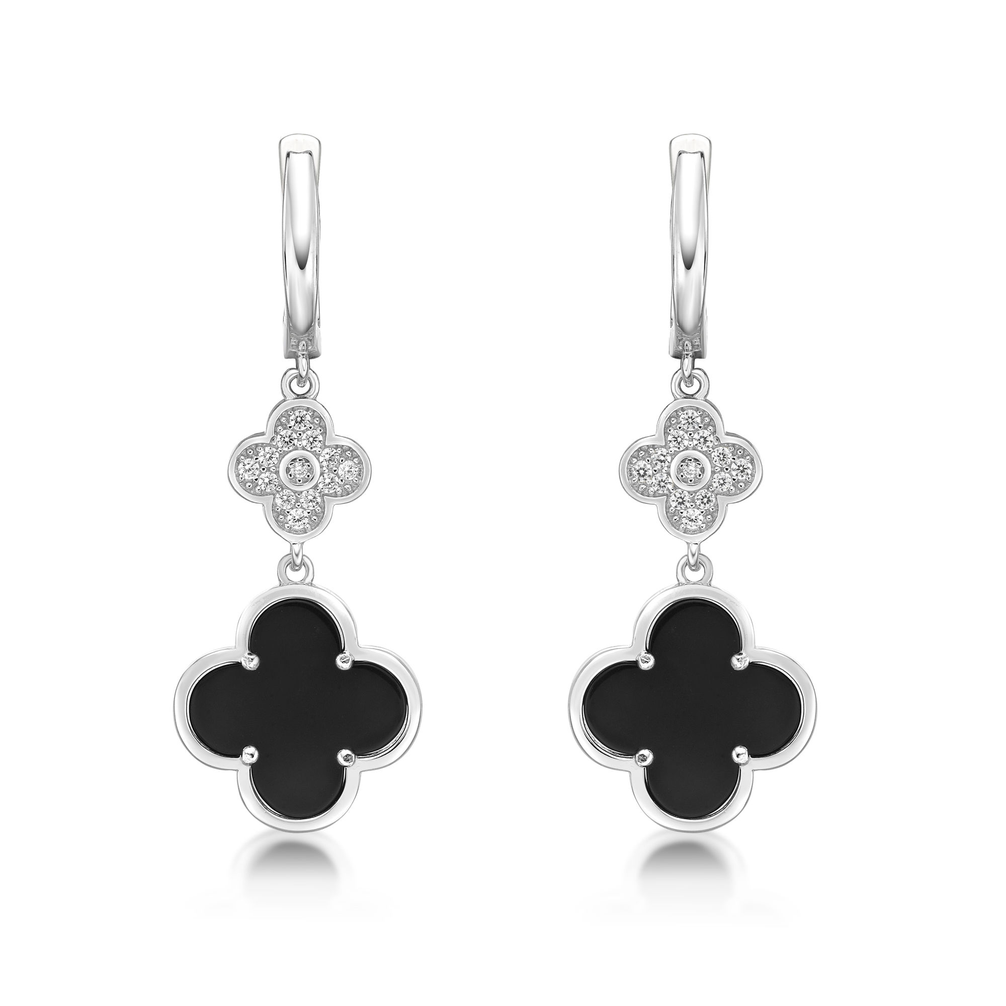 Women's Black Onyx Double Flower Earrings in 925 Sterling Silver with Cubic Zirconia - Hinged Back - Flora | Lavari Jewelers