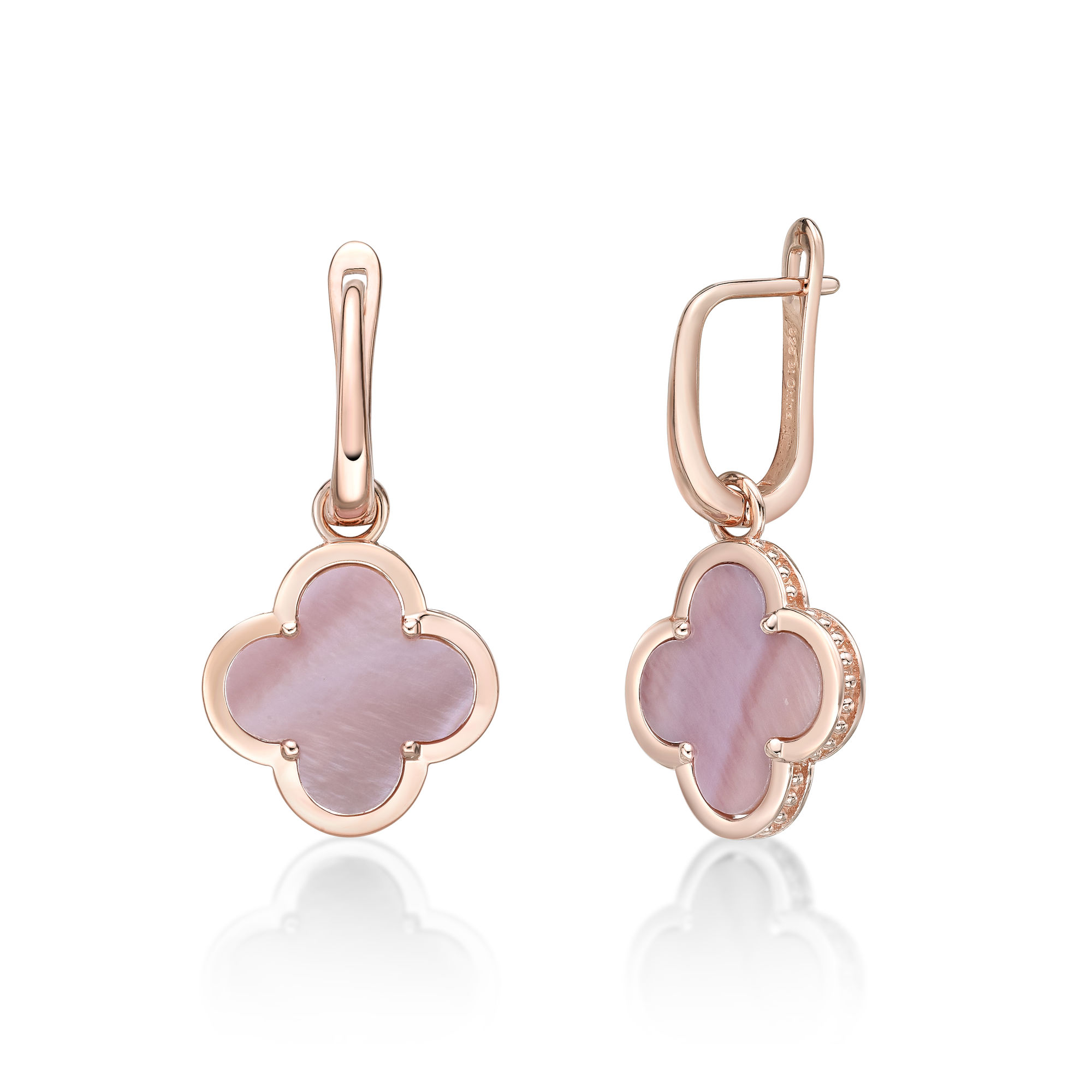 Women's Pink Mother of Pearl Flower Earrings in Rose Gold Plated Sterling Silver - Hinged Back - Flora | Lavari Jewelers