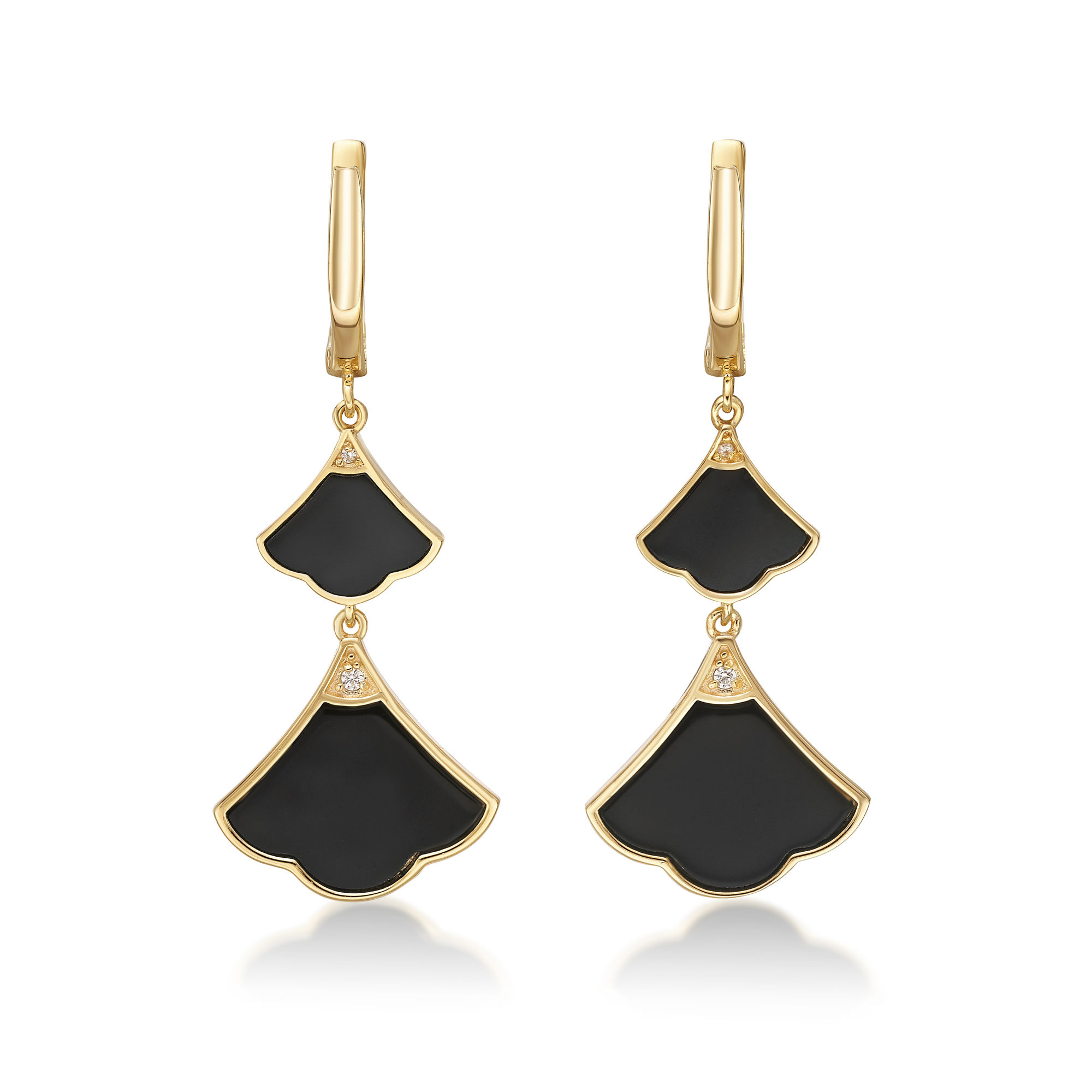 Lavari Jewelers Women's Black Onyx Double Fan Dangle Drop Earrings with Yellow Gold Plating and Hinged Post, 925 Sterling Silver
